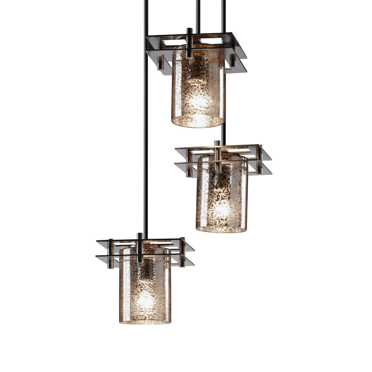 Metropolis 3 Light Dark Bronze Pendant Ceiling Light in Mercury Glass, Cylinder with Flat Rim