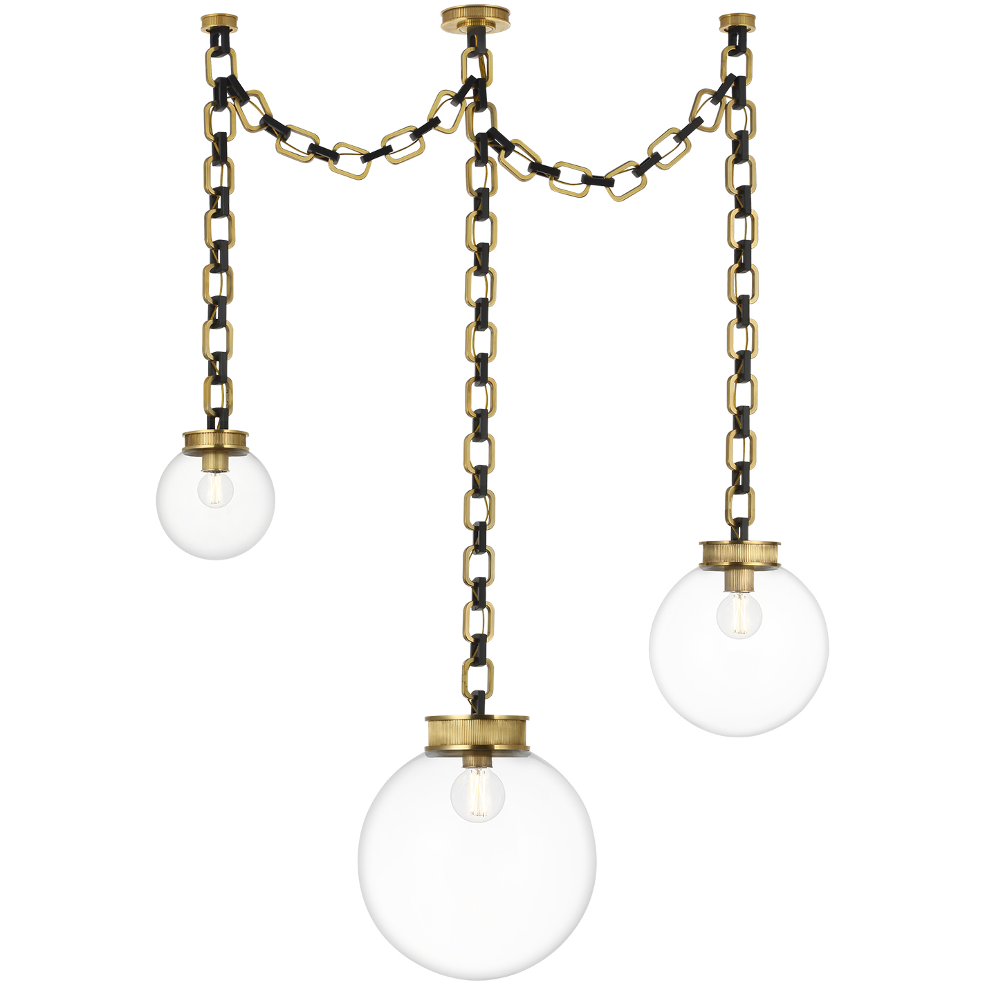 Marie Flanigan Bellamy LED 16 inch Soft Brass and Bronze Statement Chain Multi Globe Chandelier Ceiling Light in Clear Glass