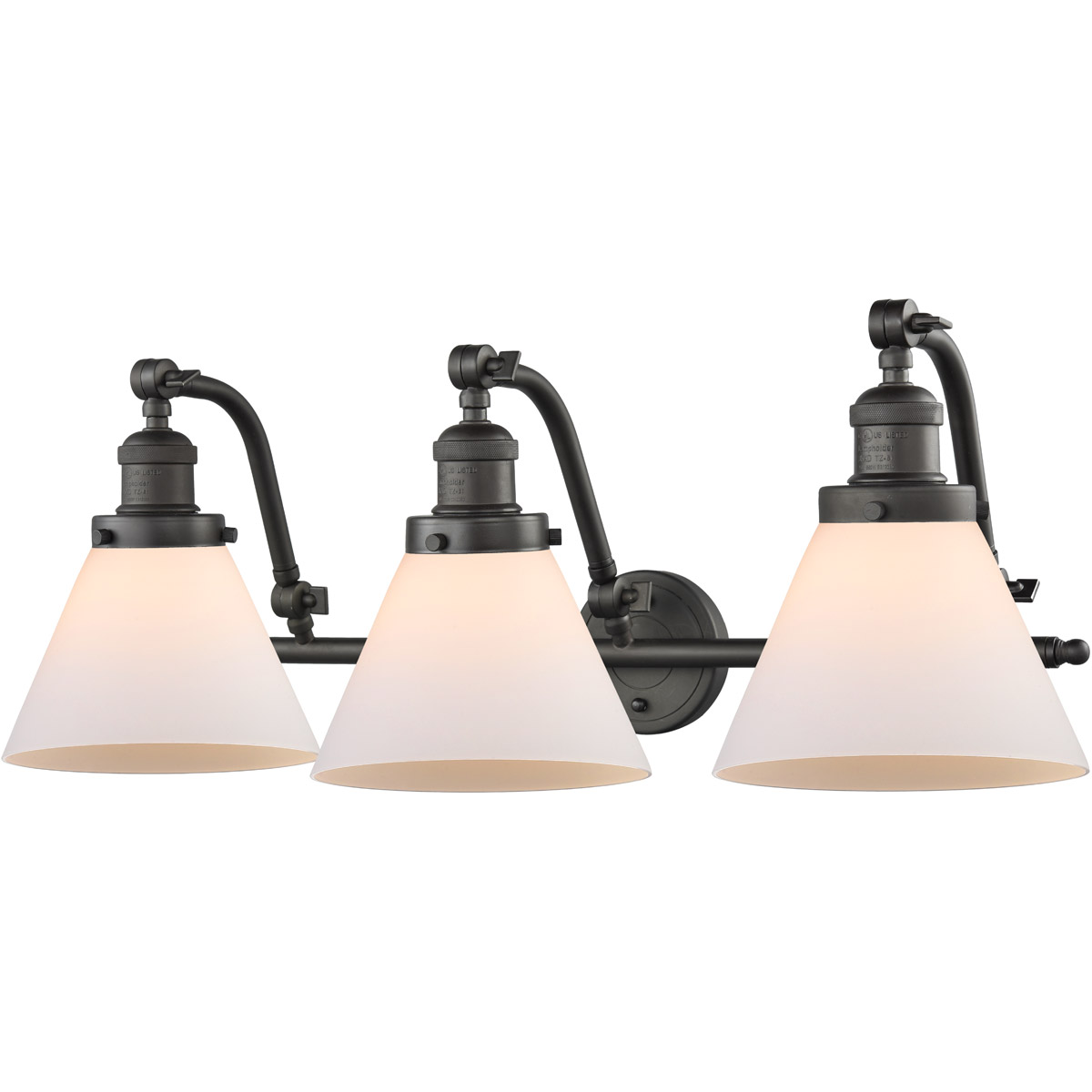 Franklin Restoration Large Cone 3 Light 28 inch Oil Rubbed Bronze Bath Vanity Light Wall Light in Matte White Glass, Franklin Restoration