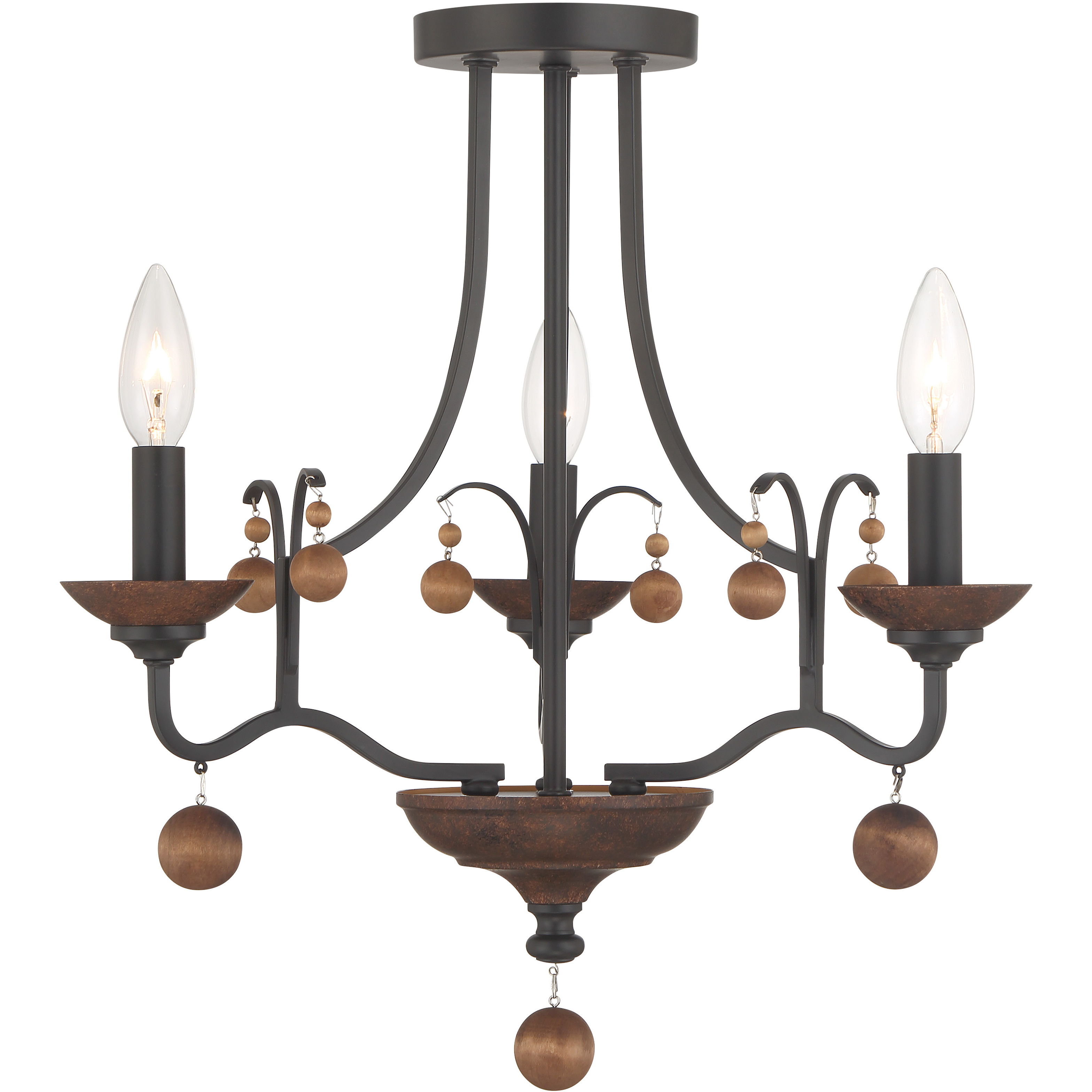 Colonial Charm 3 Light 16.75 inch Old World Bronze with Walnut Semi Flush Ceiling Light
