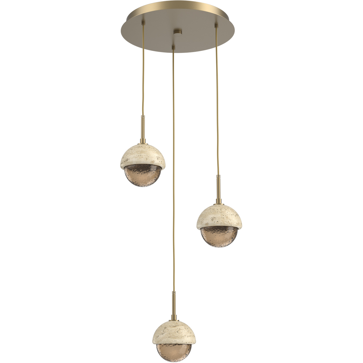 Cabochon LED Gilded Brass with Travertine Stone Pendant Chandelier Ceiling Light in 3000K LED, Bronze