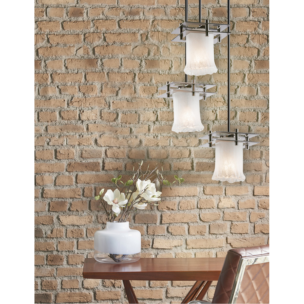 Metropolis 3 Light 7 inch Brushed Nickel Pendant Ceiling Light in White Frosted (Veneto Luce), Cylinder with Rippled Rim