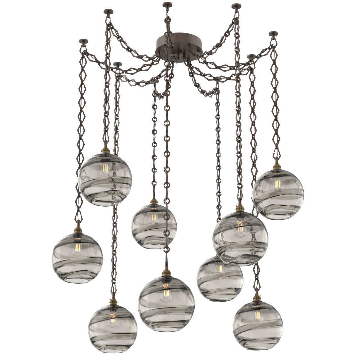 Terra 9 Light 18 inch Flat Bronze Swag Multi-Pendant Ceiling Light in Optic Rib Smoke, Diamond Chain