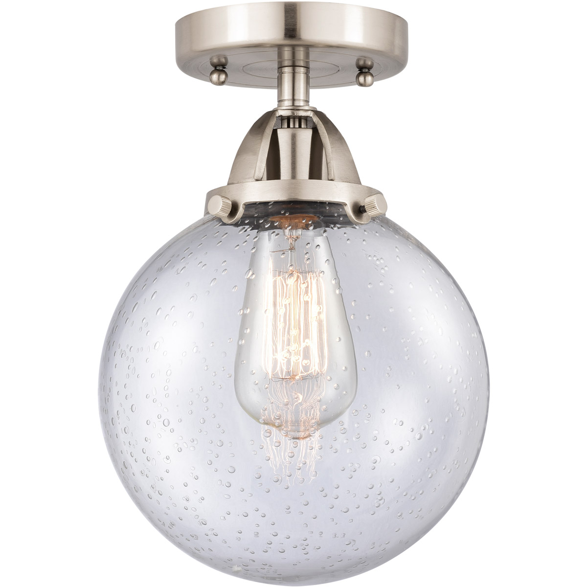 Nouveau 2 Beacon 1 Light 8 inch Brushed Satin Nickel Semi-Flush Mount Ceiling Light in Seedy Glass