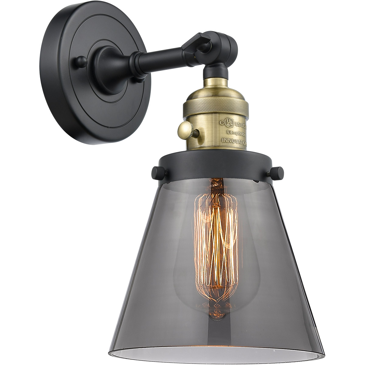 Franklin Restoration Small Cone 1 Light 6 inch Black Antique Brass Sconce Wall Light in Plated Smoke Glass, Franklin Restoration