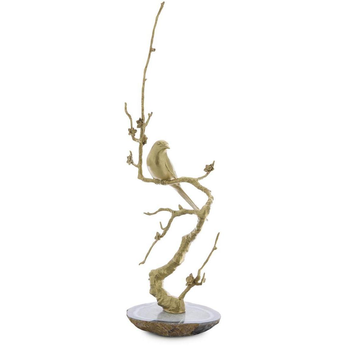 Perched Brass Bird 29.5 X 11 inch Sculpture, on Agate