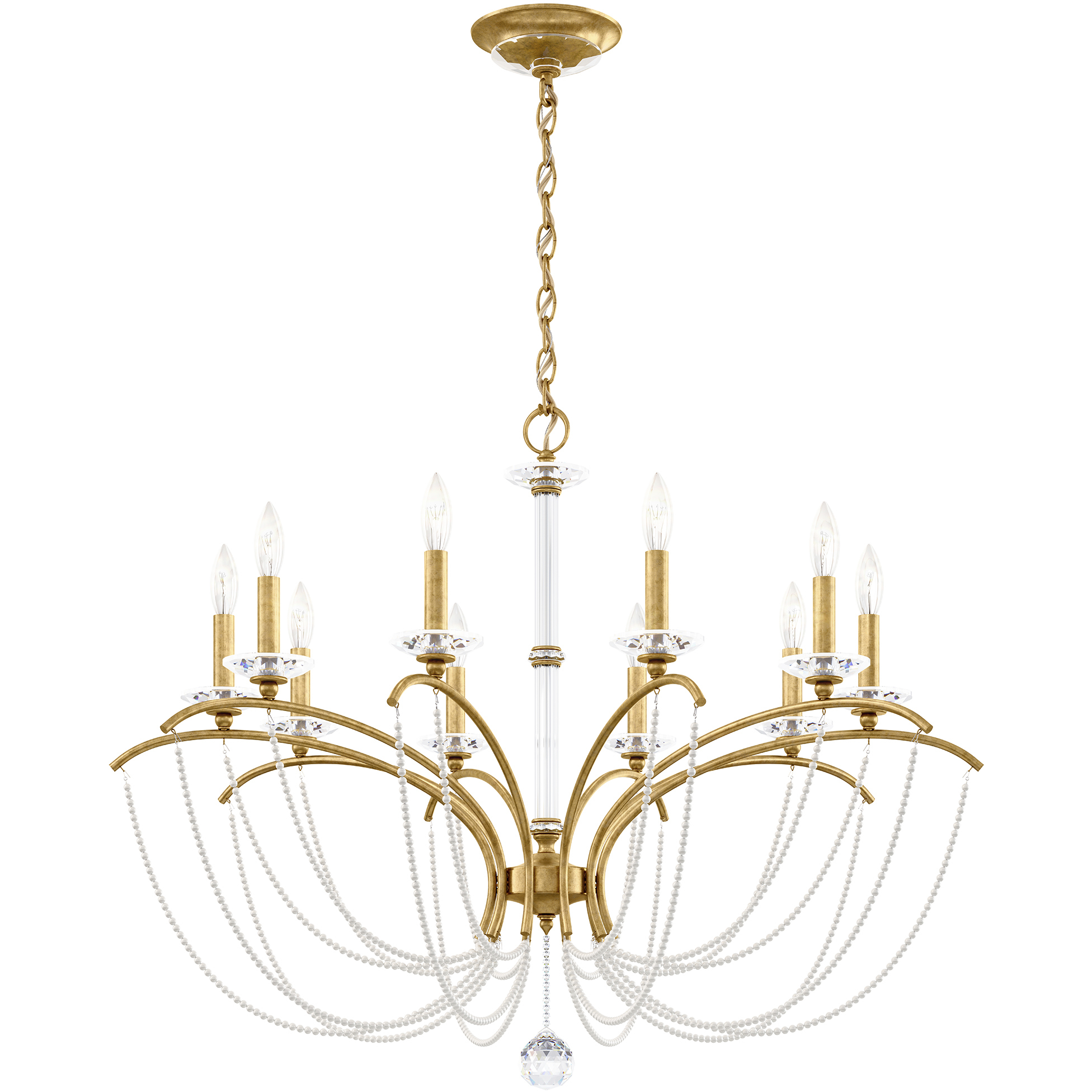Priscilla 10 Light Heirloom Gold Chandelier Ceiling Light in White Pearl, Adjustable Height