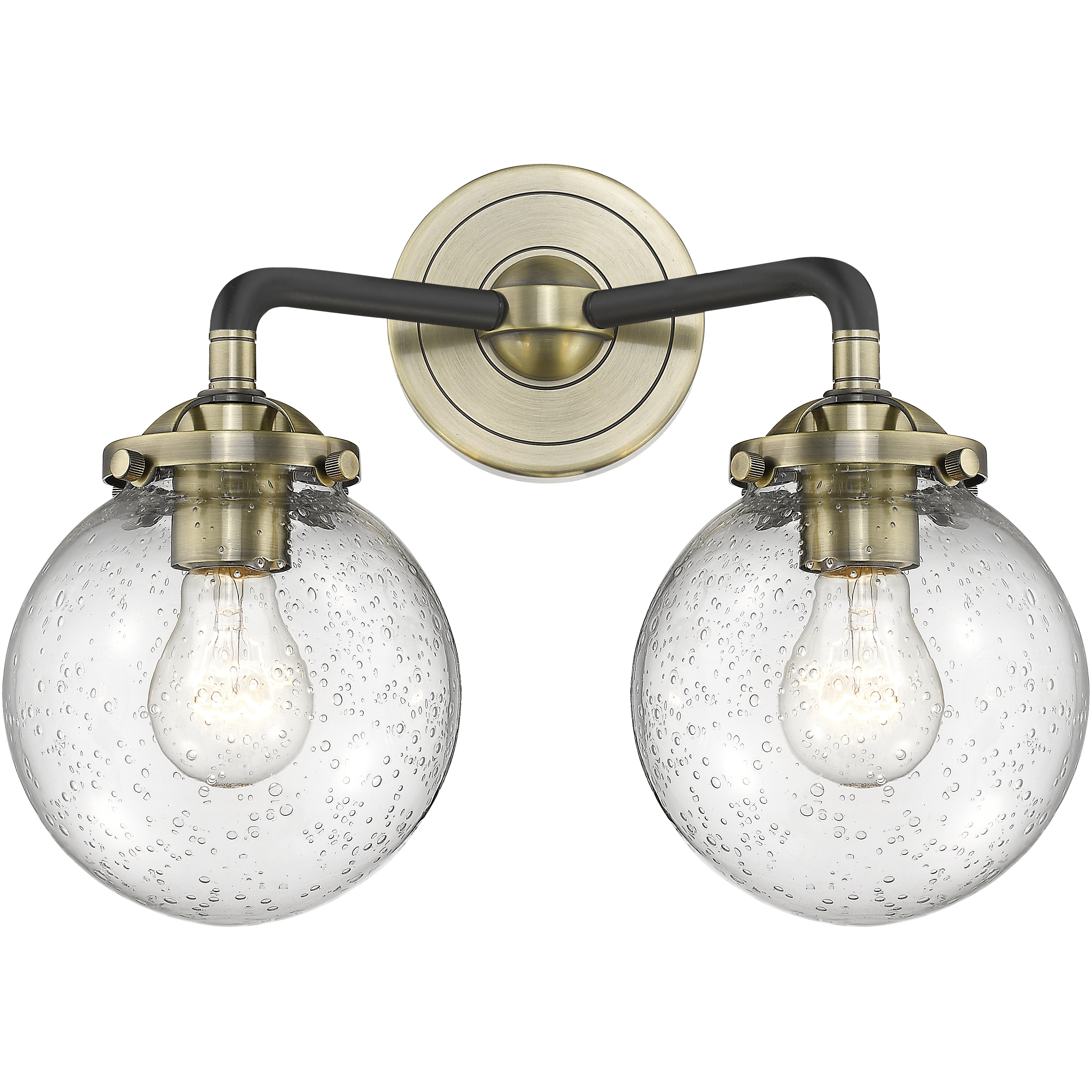 Nouveau Beacon LED 14 inch Black Antique Brass Bath Vanity Light Wall Light in Seedy Glass, Nouveau