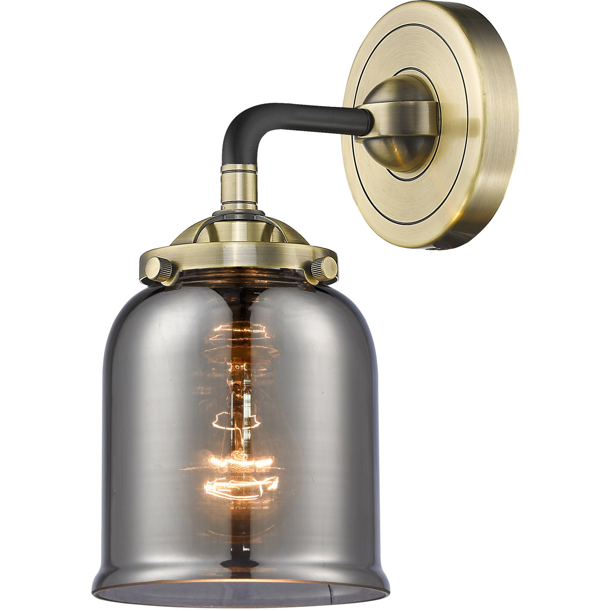 Nouveau Small Bell LED 5 inch Black Antique Brass Sconce Wall Light in Plated Smoke Glass, Nouveau