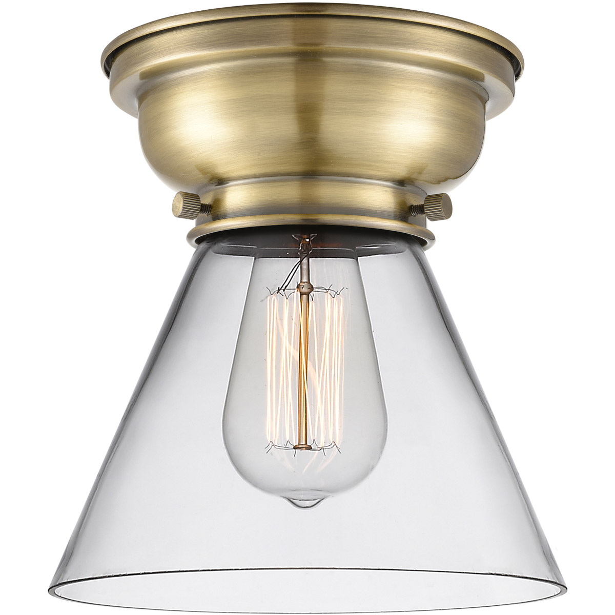 Aditi Large Cone 1 Light 8 inch Antique Brass Flush Mount Ceiling Light in Incandescent, Clear Glass, Aditi