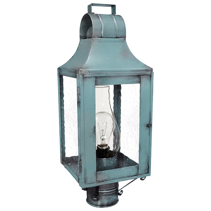 Livery 1 Light 19 inch Verdi Gris Post Lamp in Seedy Marine Glass, One 75W Medium with Chimney