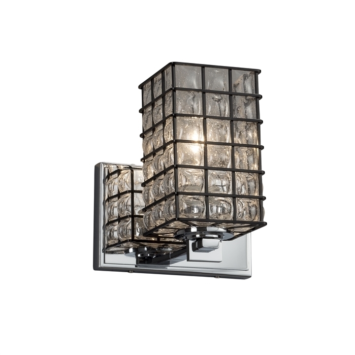 Wire Glass Wall Sconce Wall Light in Grid with Clear Bubbles, Square with Flat Rim, Incandescent, Brushed Brass