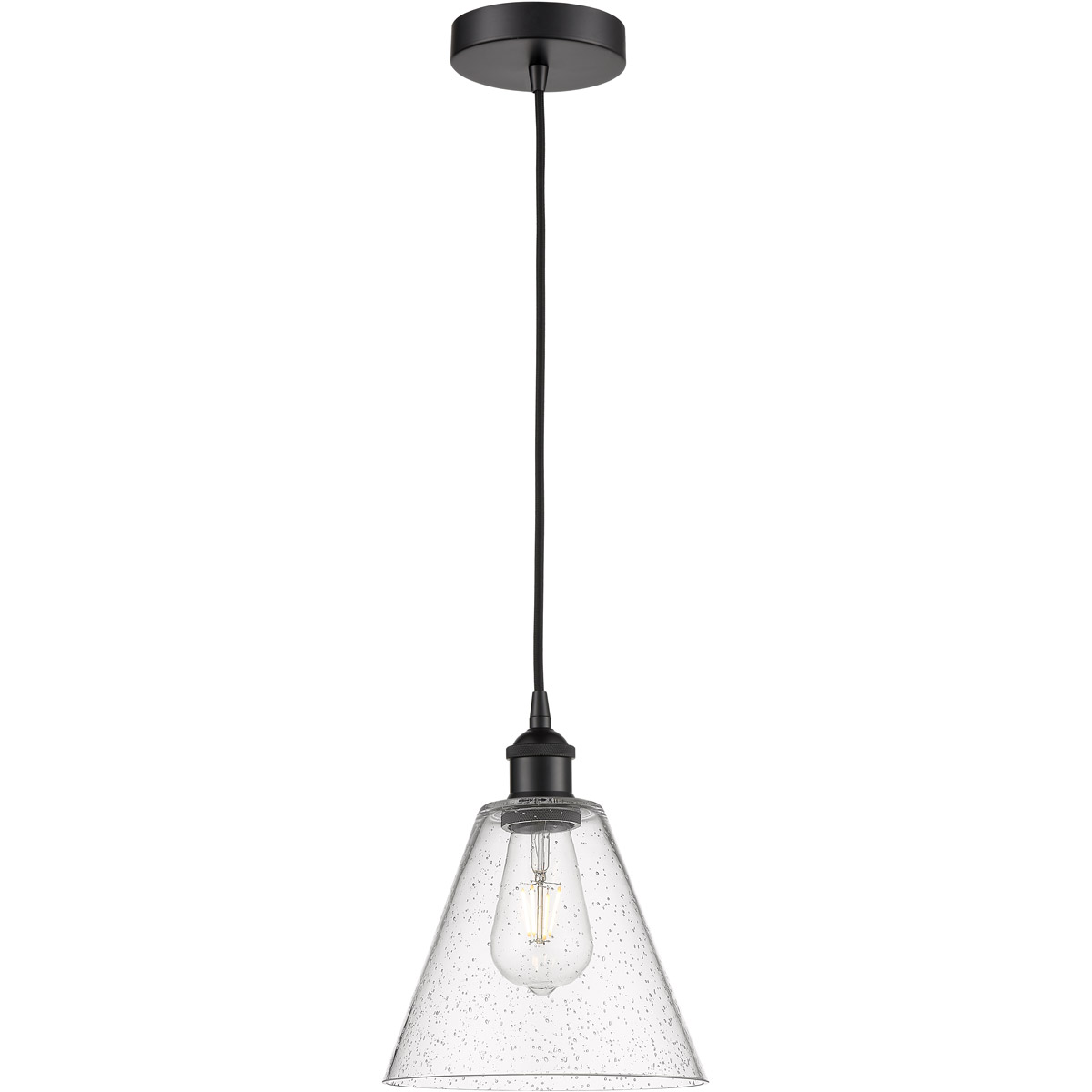 Edison Cone LED 8 inch Matte Black Mini Pendant Ceiling Light in Seedy Glass