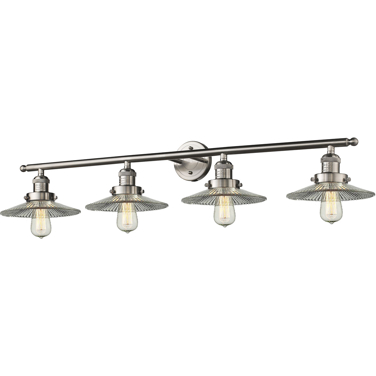Franklin Restoration Halophane 4 Light 45 inch Brushed Satin Nickel Bath Vanity Light Wall Light in Clear Halophane Glass, Franklin Restoration