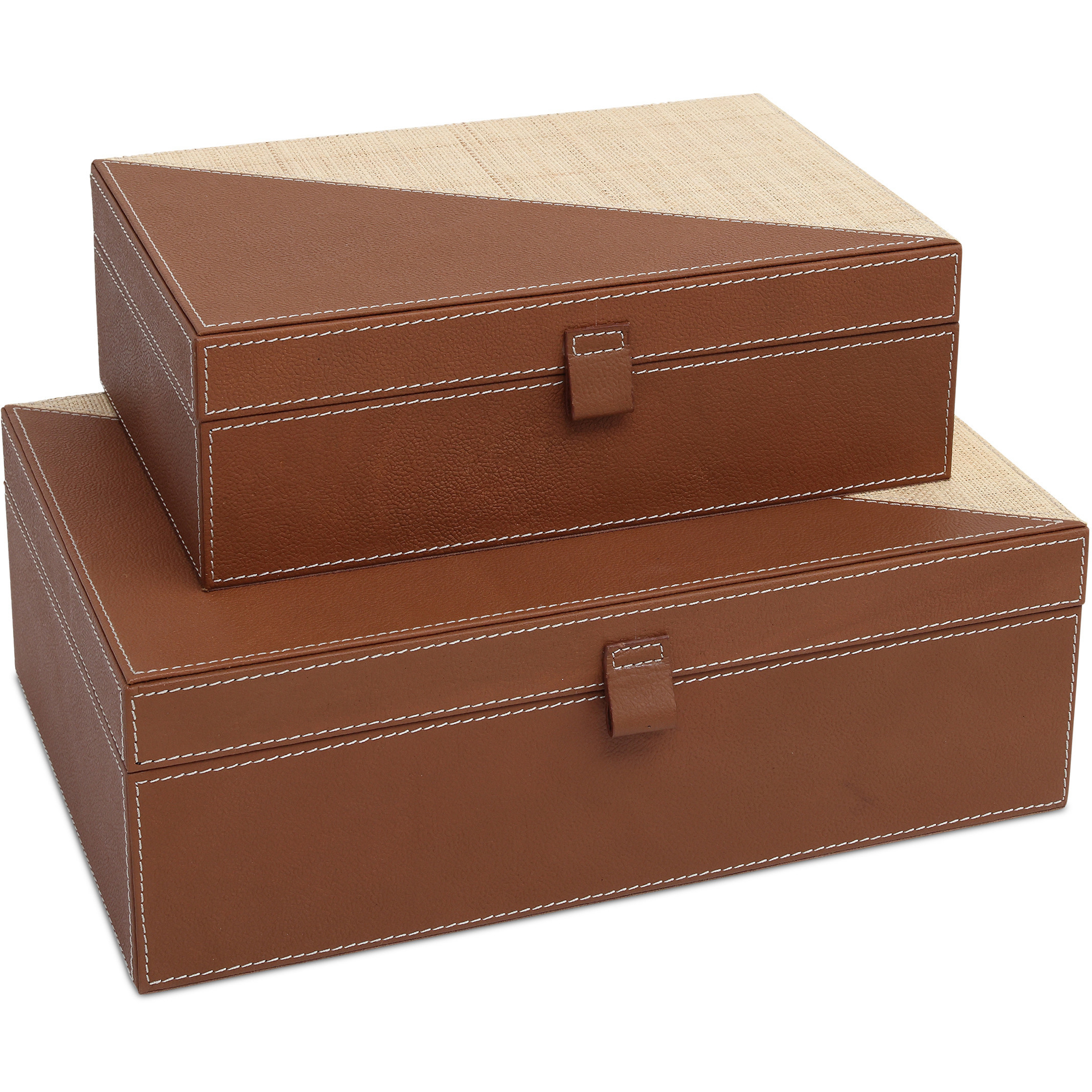 Leather & Raffia 12 inch Brown and Natural Boxes, Set of 2