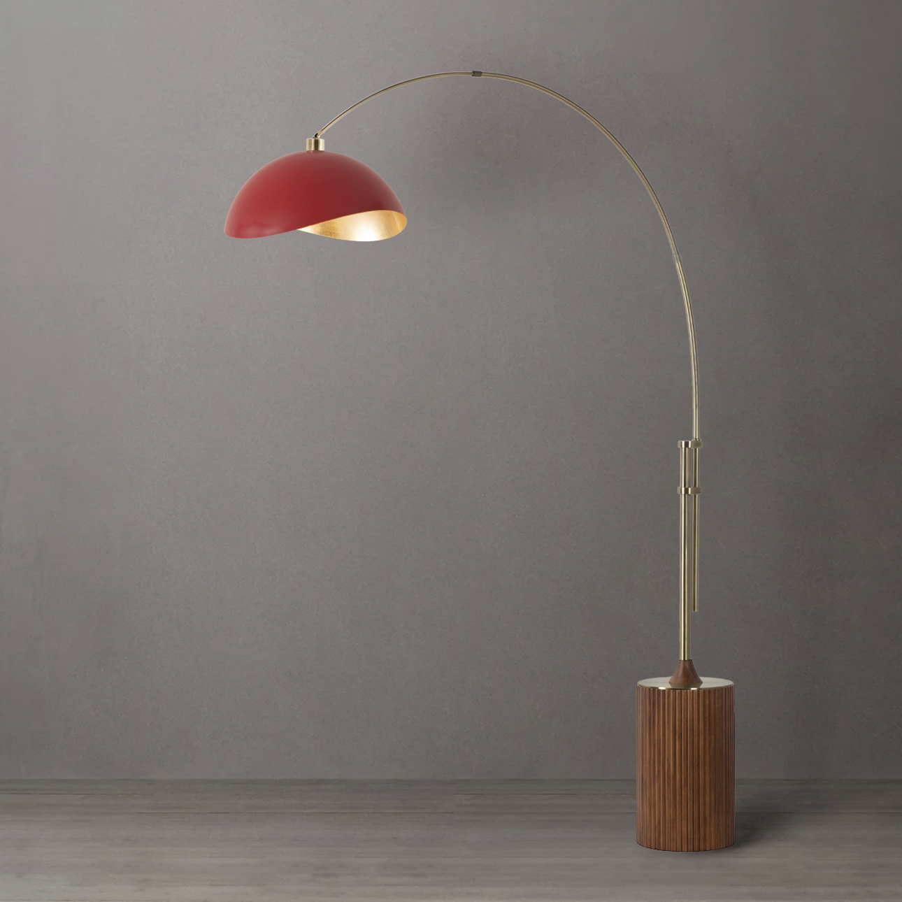 Tambo 92 inch 14 watt Weathered Brass and Dark Walnut Arc Floor Lamp Portable Light in Matte Red and Gold Steel