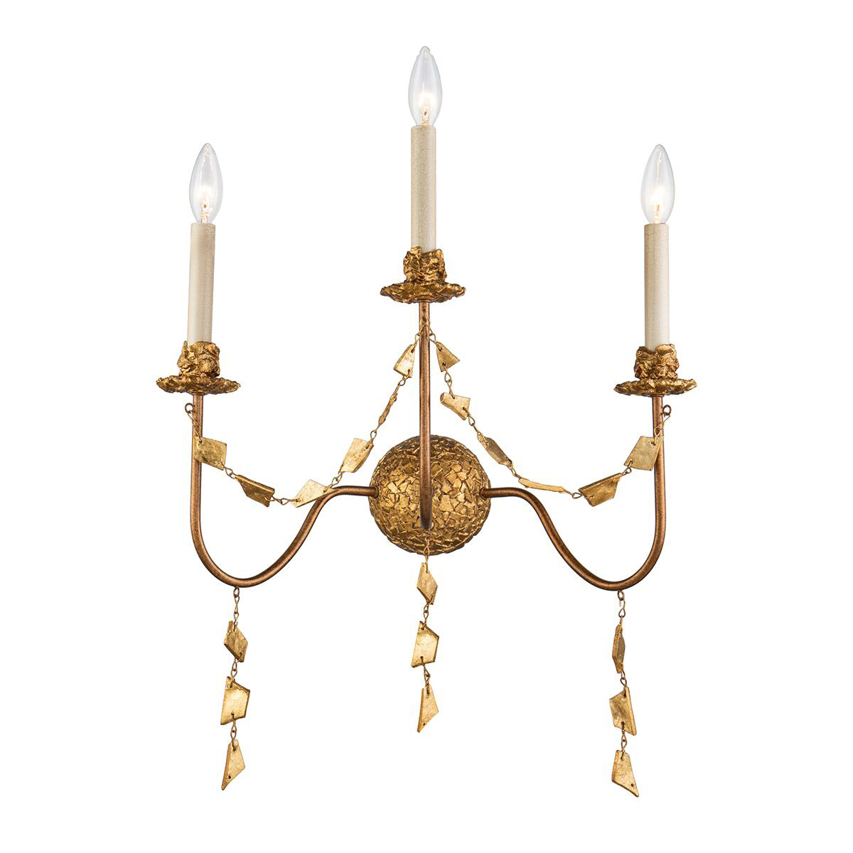 Mosaic 3 Light 10 inch Gold Leaf Wall Sconce Wall Light, Flambeau