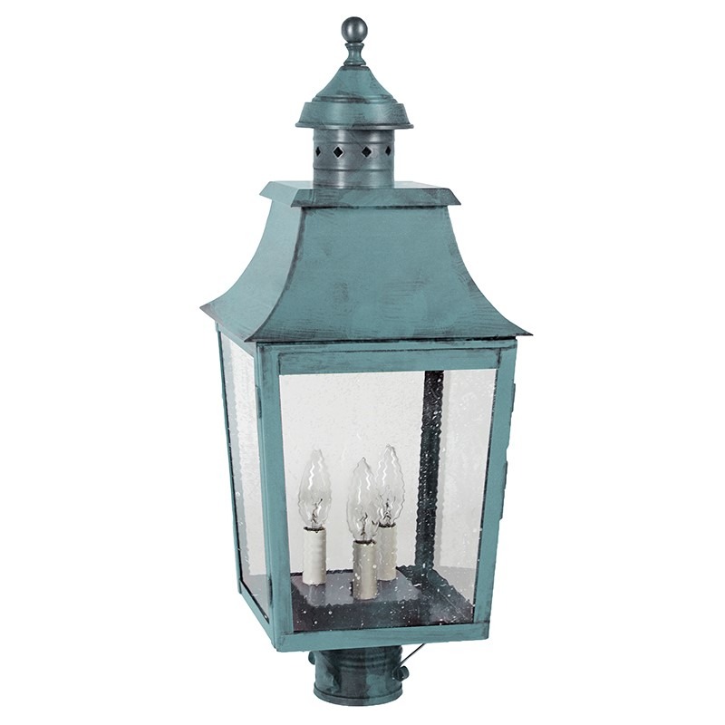 Sharon 3 Light 25 inch Verdi Gris Post Lamp in Seedy Marine Glass, Three 60W Candelabra