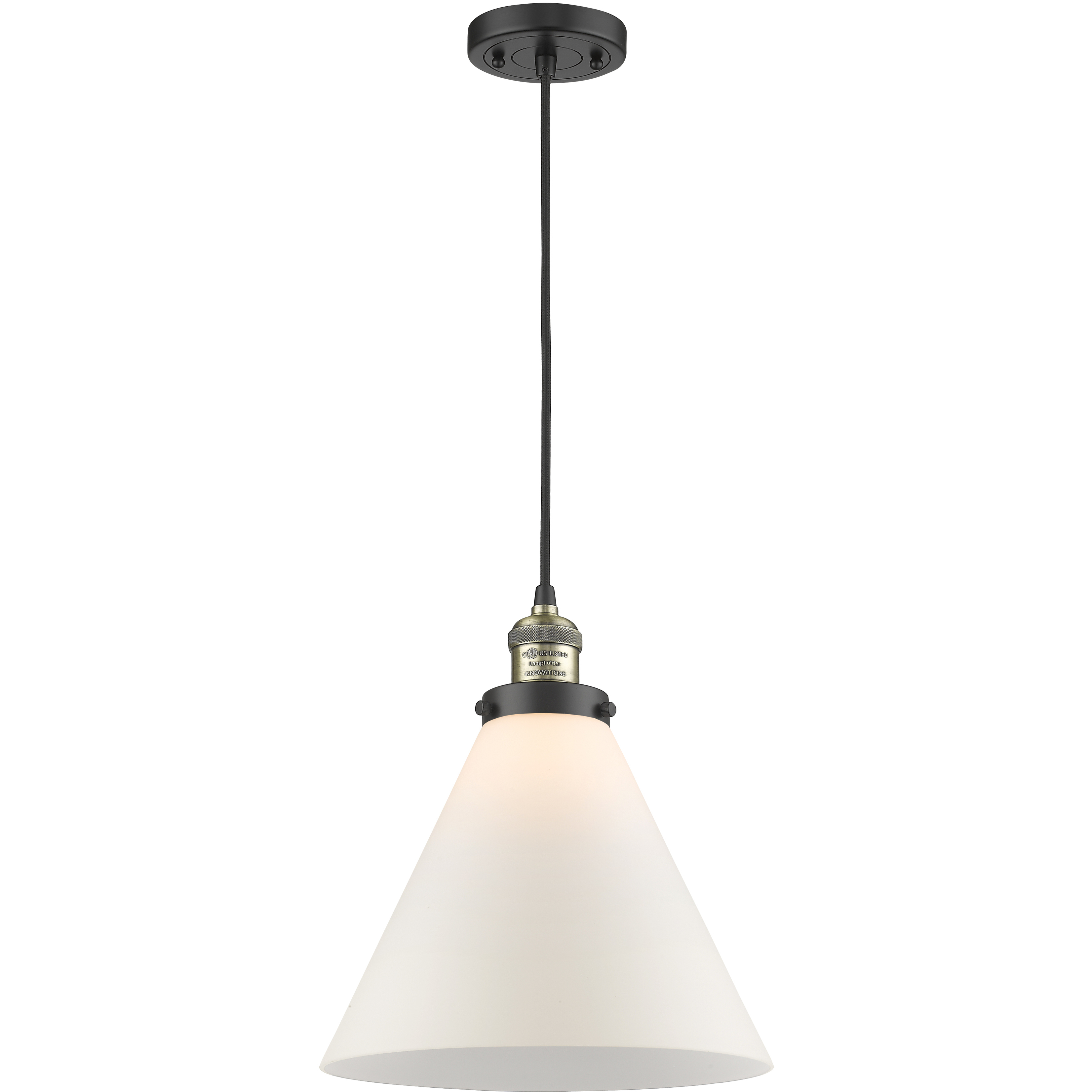Franklin Restoration Cone LED 12 inch Black Antique Brass Mini Pendant Ceiling Light in Matte White, Franklin Restoration