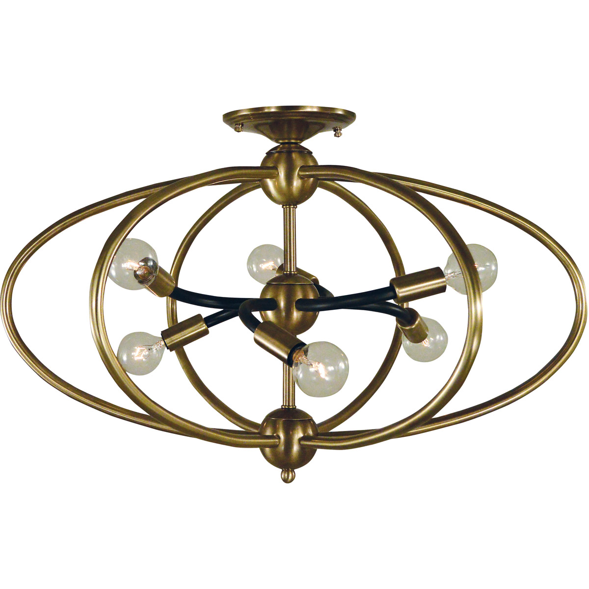 Orbit 6 Light 23 inch Antique Brass with Matte Black Accents Semi-Flush Mount Ceiling Light