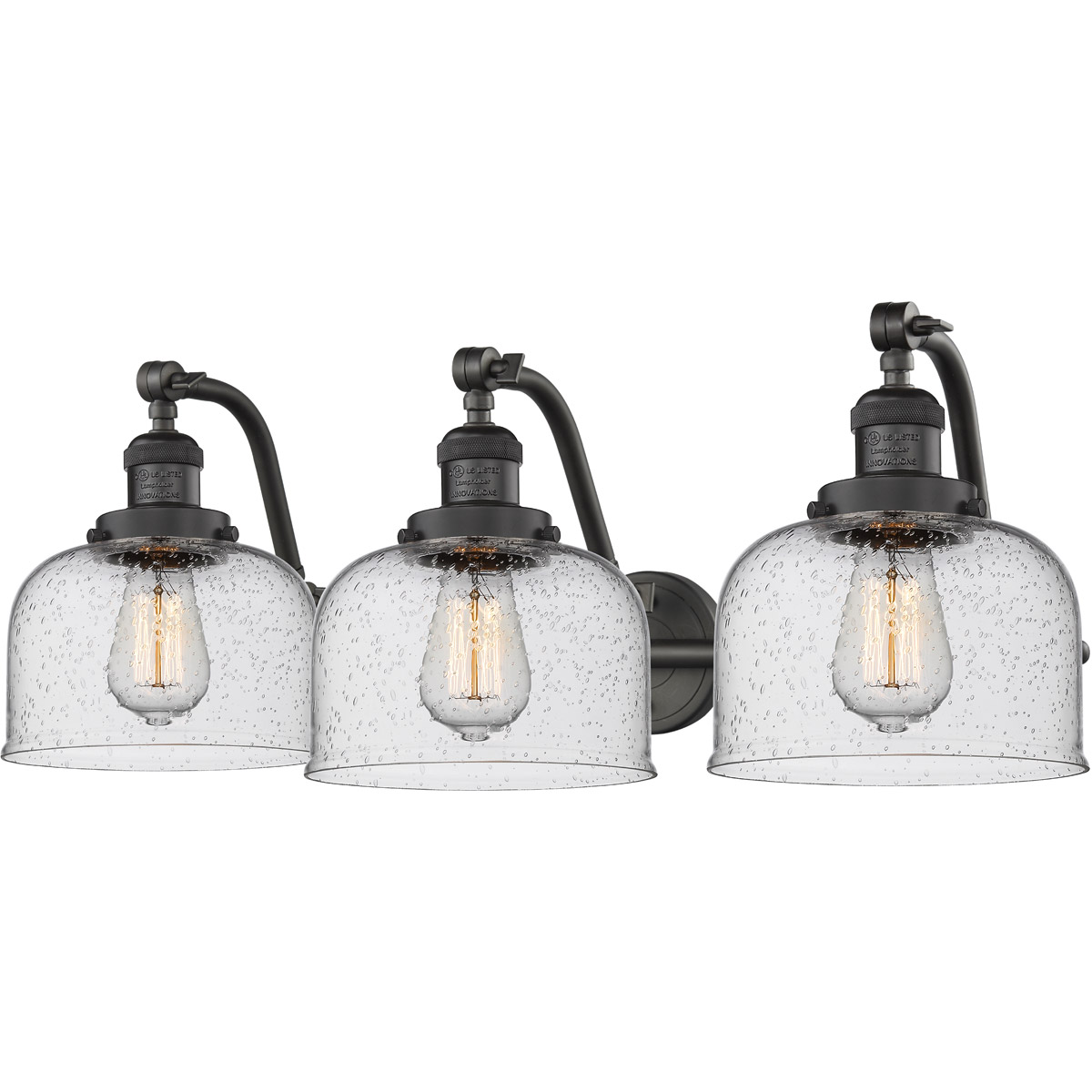 Franklin Restoration Large Bell 3 Light 28 inch Oil Rubbed Bronze Bath Vanity Light Wall Light in Seedy Glass, Franklin Restoration