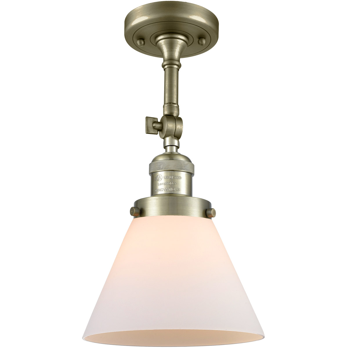 Franklin Restoration Large Cone 1 Light 8 inch Antique Brass Semi-Flush Mount Ceiling Light in Incandescent, Matte White Glass, Franklin Restoration