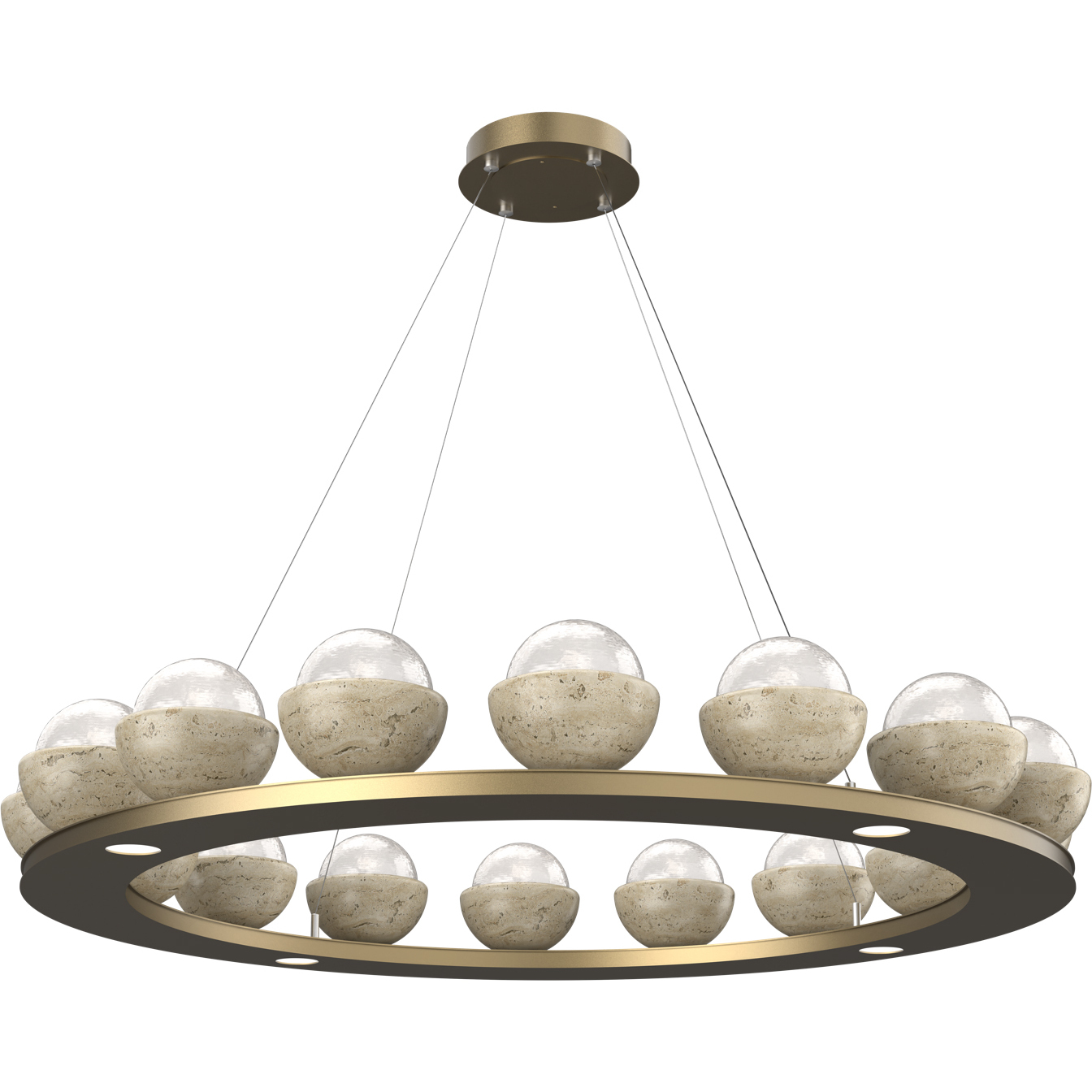 Cabochon LED Gilded Brass with Travertine Stone Chandelier Ceiling Light in 2700K LED, Opal White