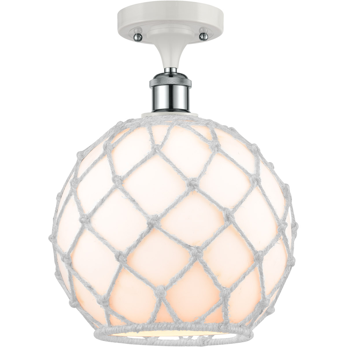 Ballston Large Farmhouse Rope LED 10 inch White and Polished Chrome Semi-Flush Mount Ceiling Light in White Glass with White Rope, Ballston