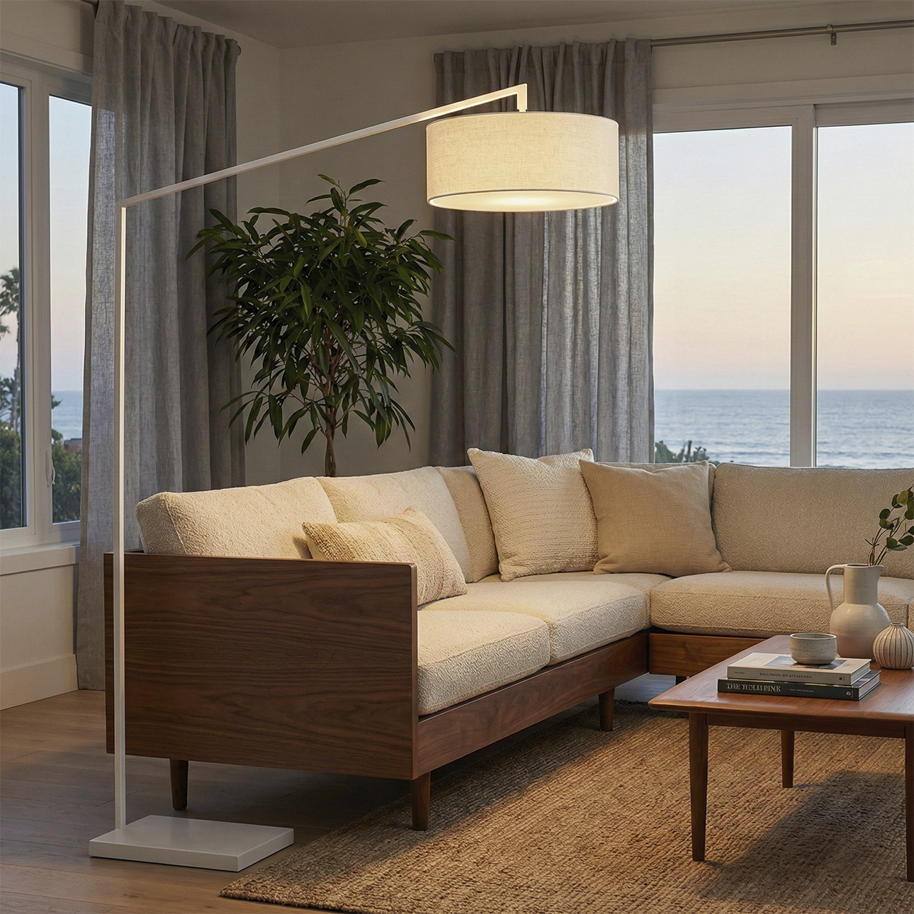 Stretch 87 inch 9 watt White Arc Floor Lamp Portable Light in White Linen