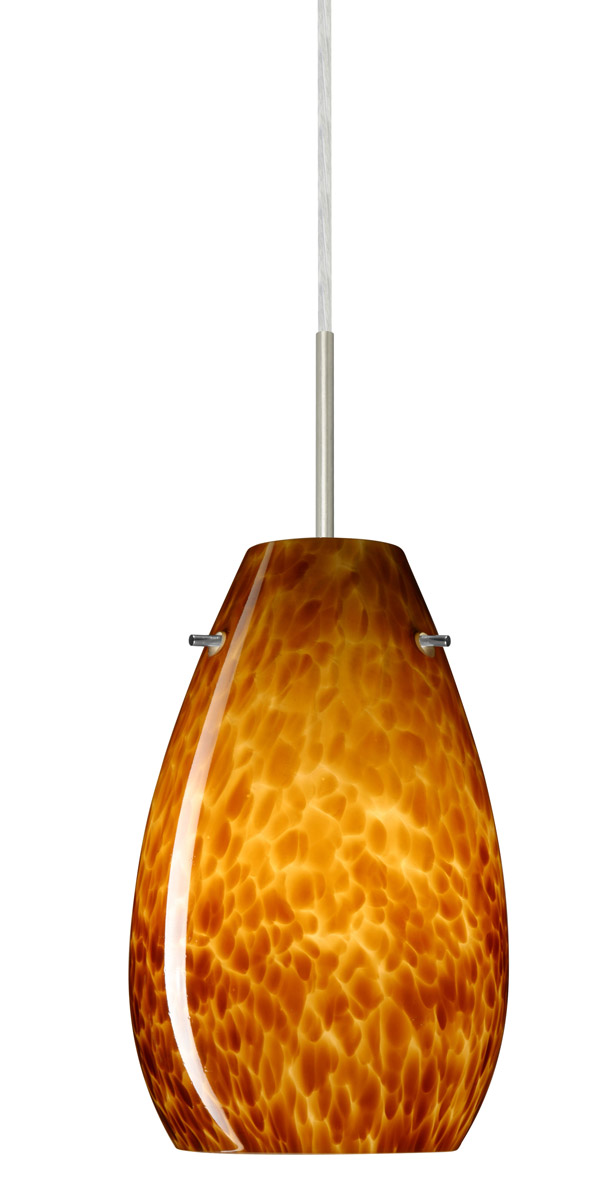 Pera 1 Light Satin Nickel Pendant Ceiling Light in Amber Cloud Glass, Incandescent