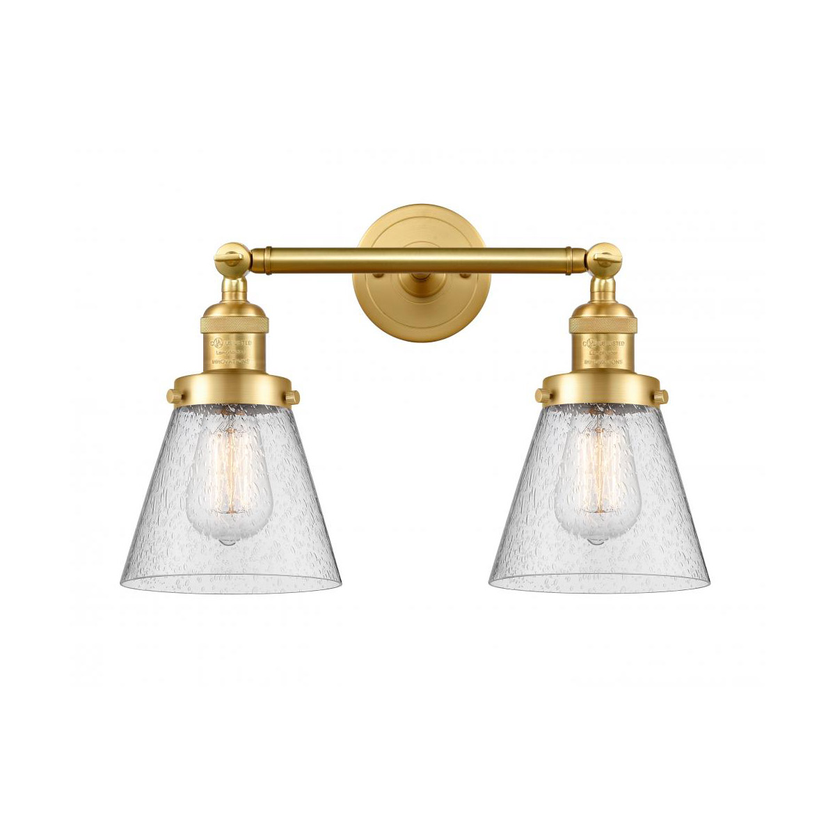 Franklin Restoration Small Cone 2 Light 16 inch Satin Gold Bath Vanity Light Wall Light in Seedy Glass, Franklin Restoration