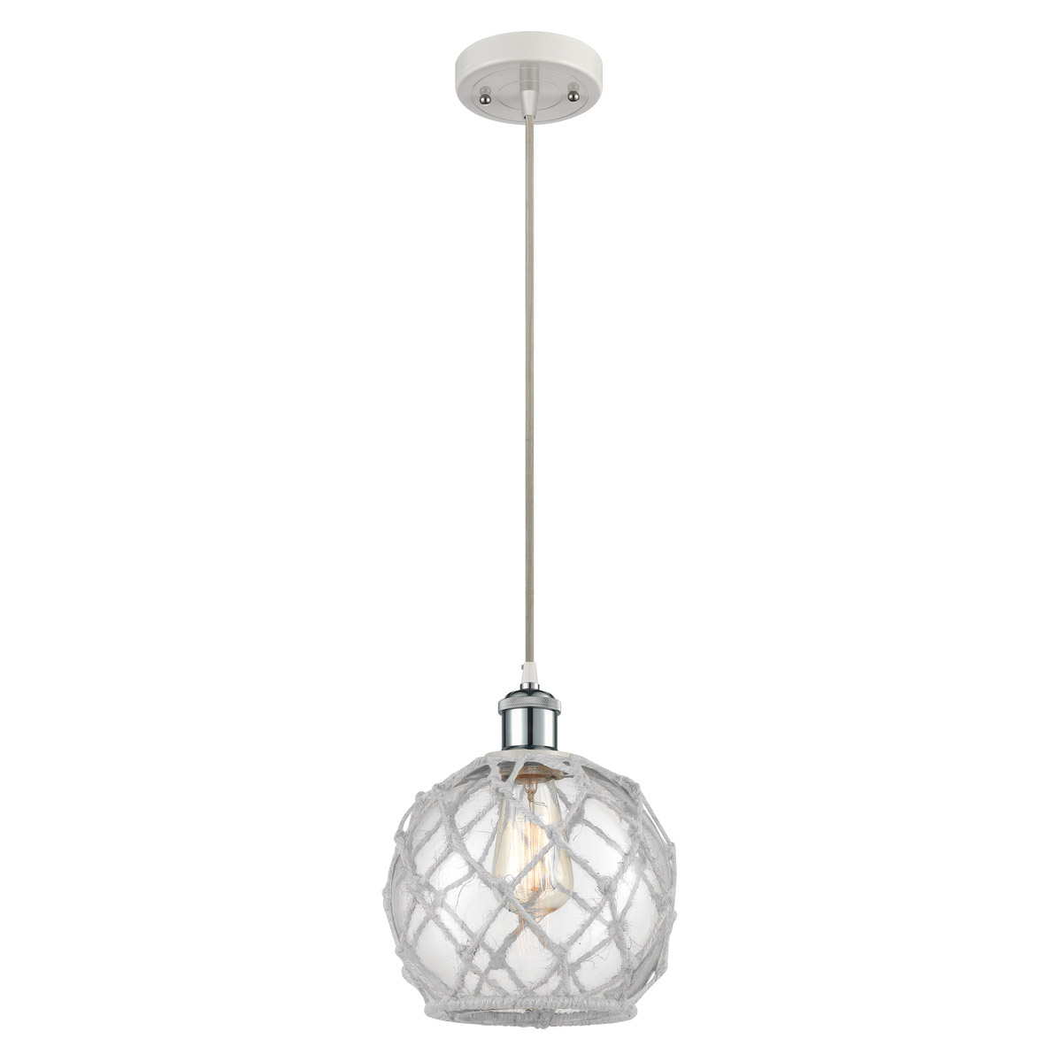 Ballston Farmhouse Rope LED 8 inch White and Polished Chrome Mini Pendant Ceiling Light in Clear Glass with White Rope, Ballston