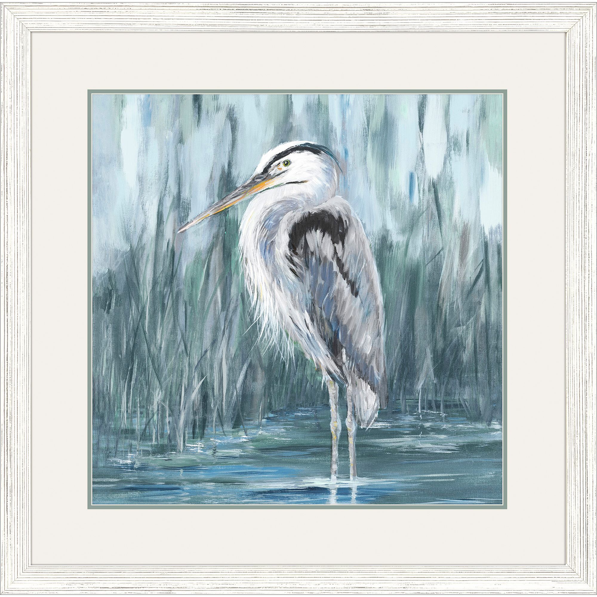Standing Still Heron Blue and Green and Teal and White Framed Art