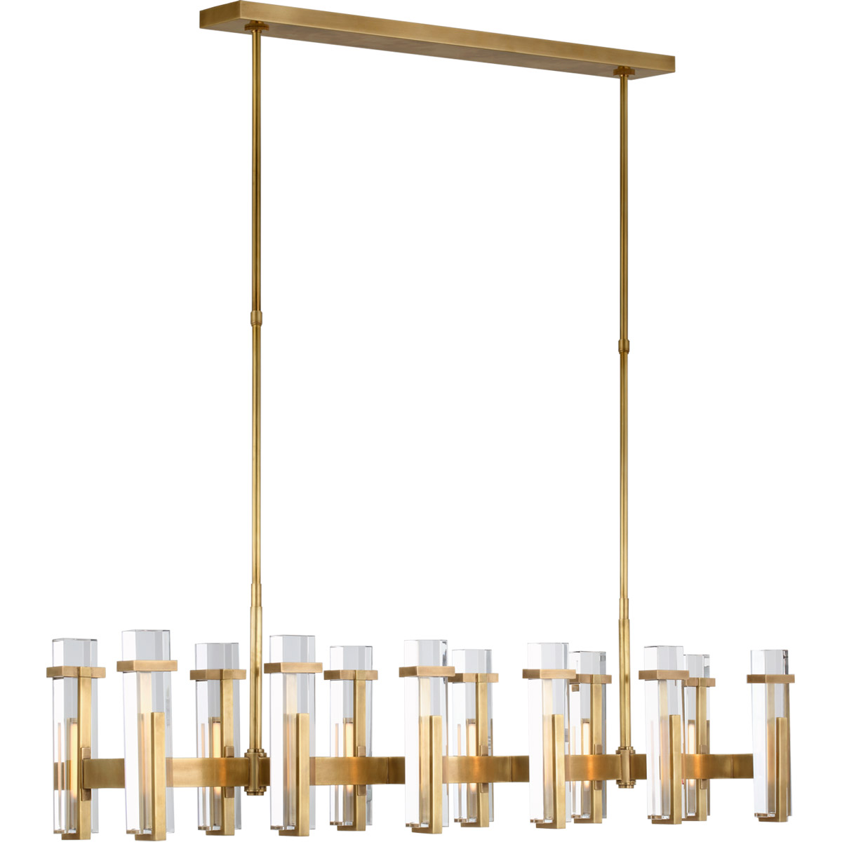 Ian K. Fowler Malik LED 54.75 inch Hand-Rubbed Antique Brass Linear Chandelier Ceiling Light in Clear Glass, Large