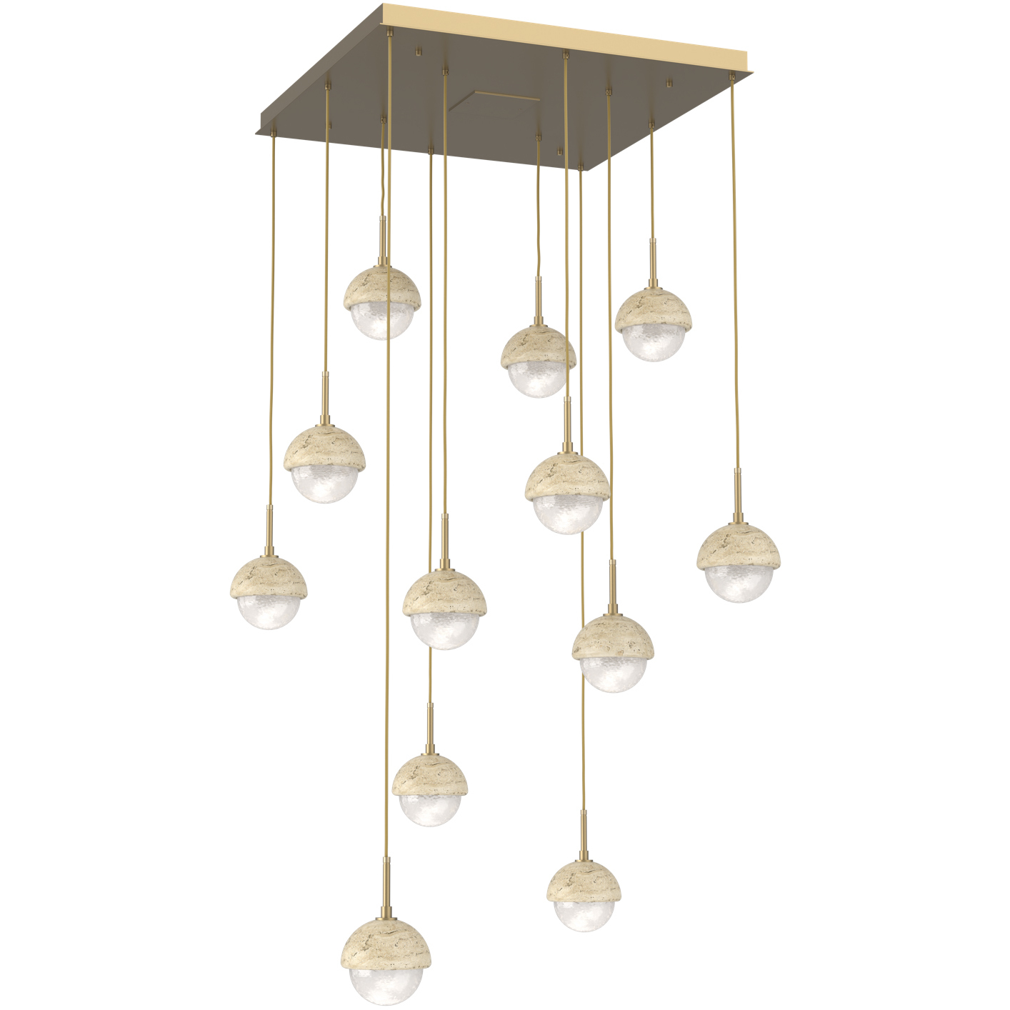Cabochon LED Gilded Brass with Travertine Stone Pendant Chandelier Ceiling Light in 3000K LED, Opal White