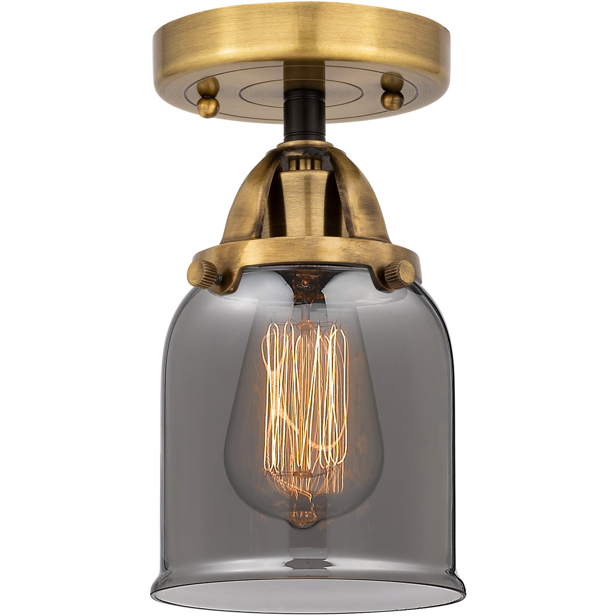 Nouveau 2 Small Bell LED 5 inch Black Antique Brass Semi-Flush Mount Ceiling Light in Plated Smoke Glass