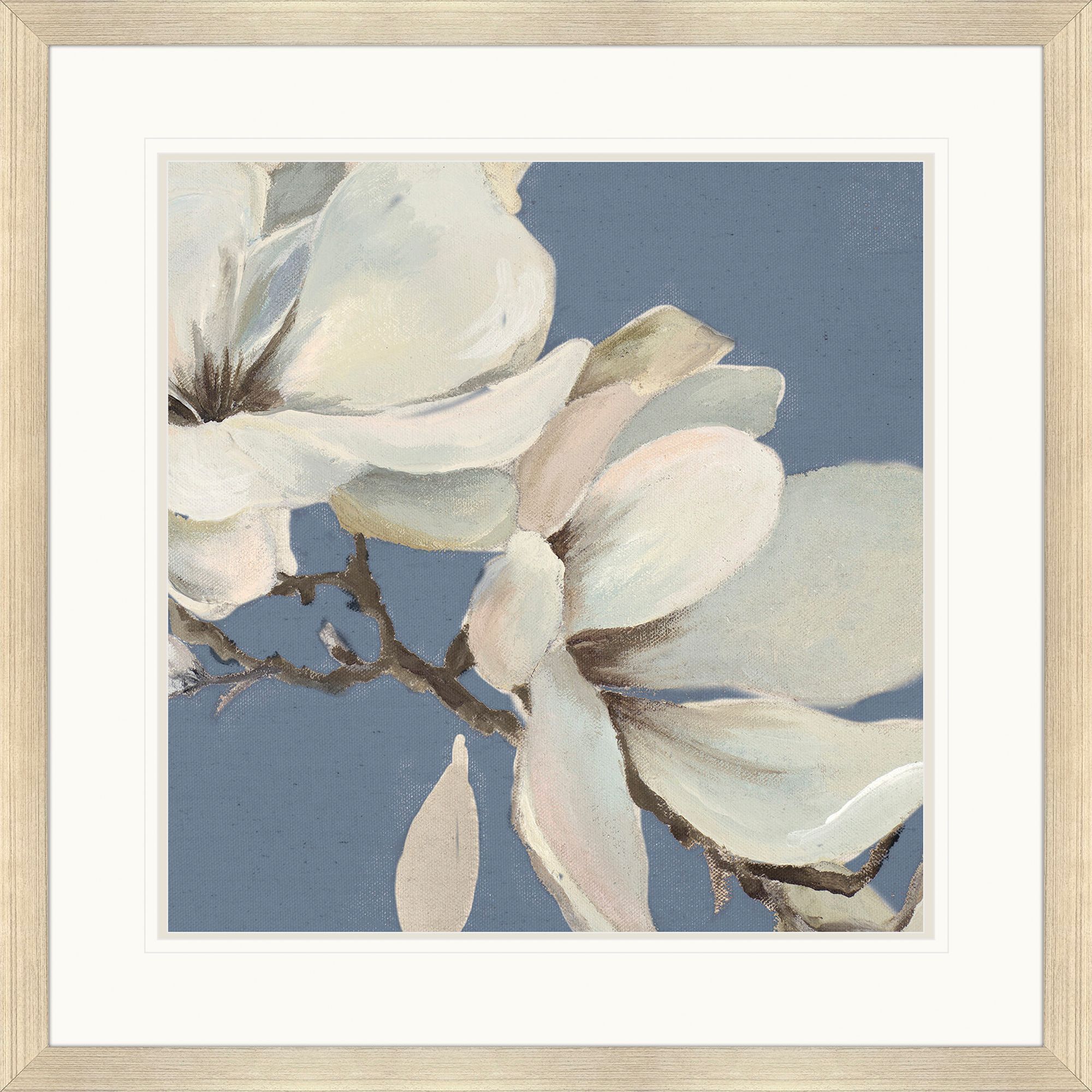 Magnolia on Blue Blue and Brown and Gray and White Framed Art