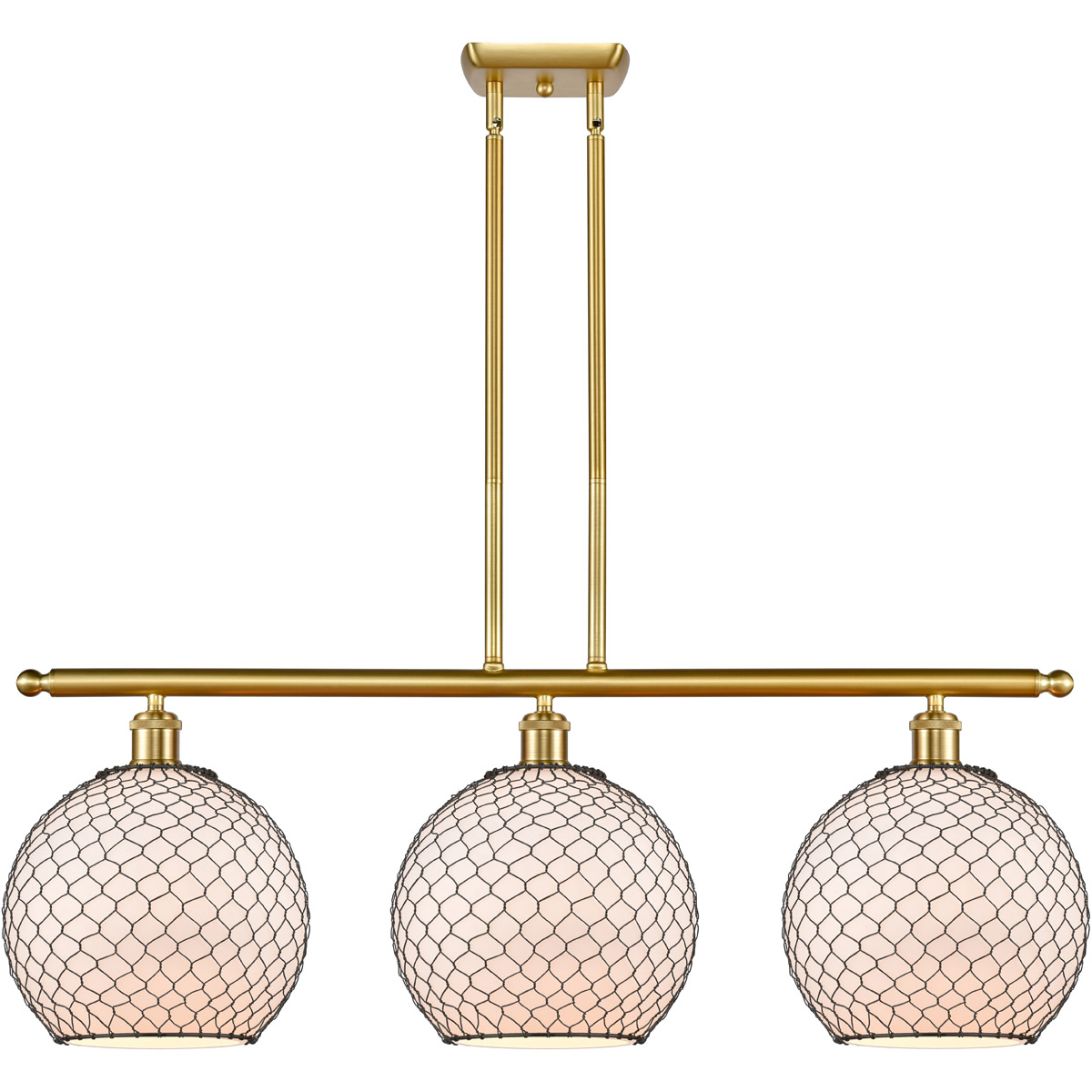 Ballston Large Farmhouse Chicken Wire 3 Light 36 inch Satin Gold Island Light Ceiling Light in Incandescent, White Glass with Black Wire, Ballston