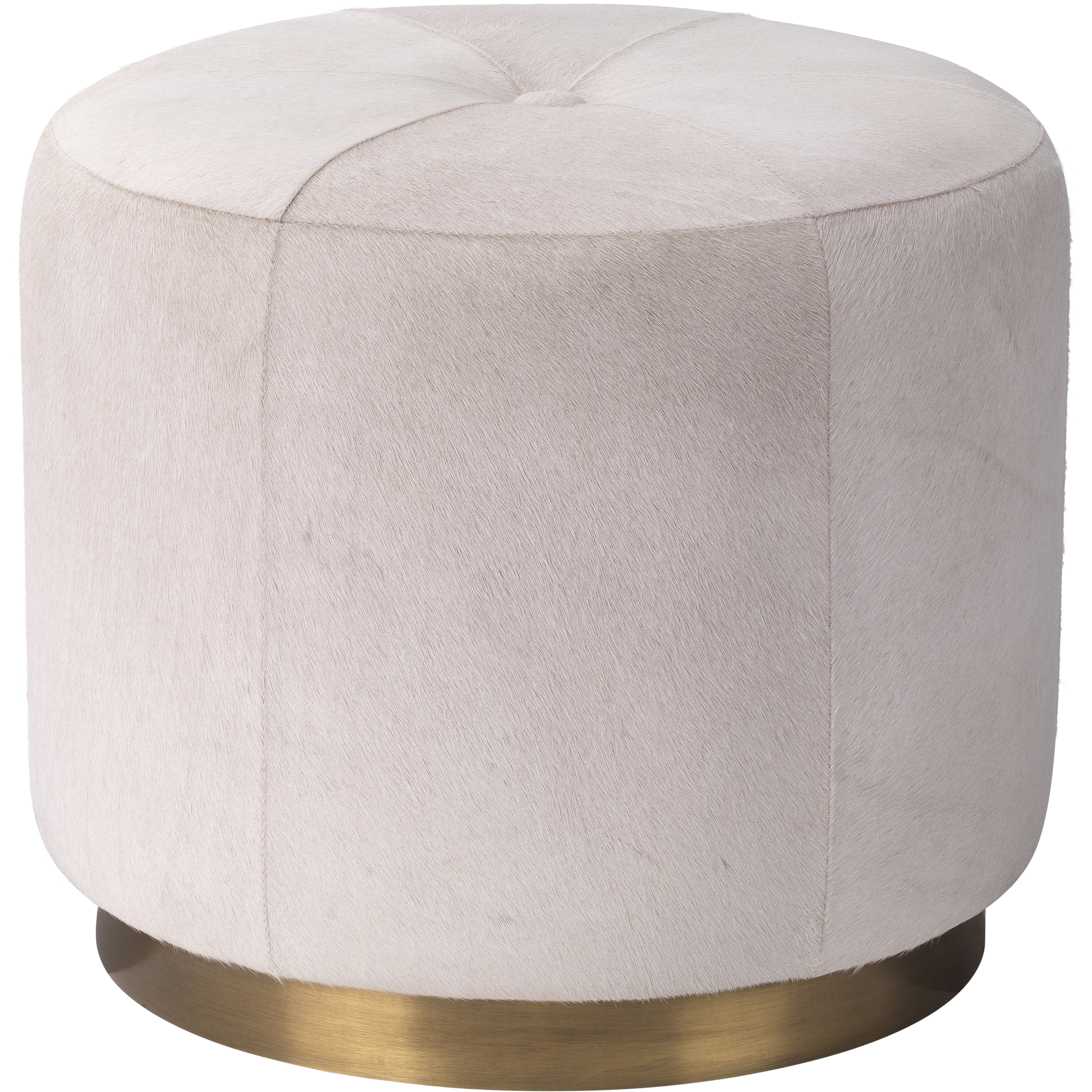 Thackeray 16 inch White Hide & Antique Brass Metal Round Pouf in White Hide and Antique Brass Metal