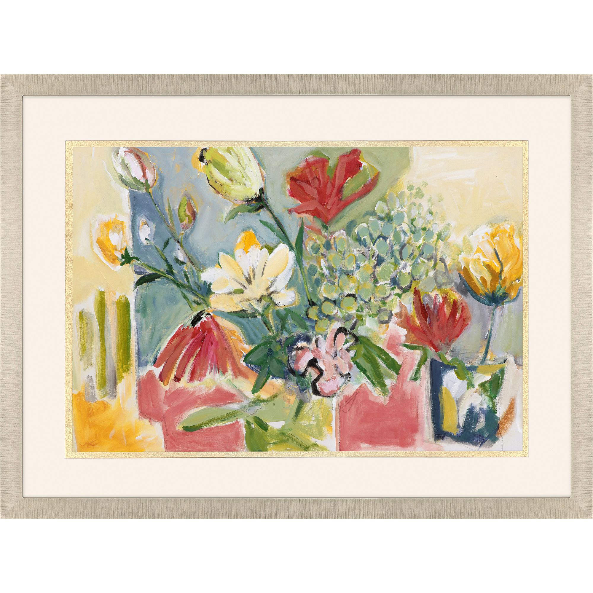 Flower Melange Green and Blue and Red and Yellow Framed Art