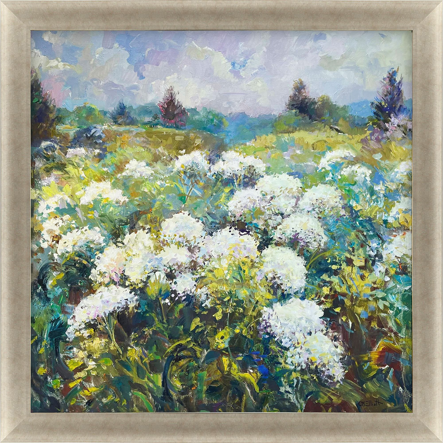 Late Summer Field Green and White and Purple and Multi Framed Art
