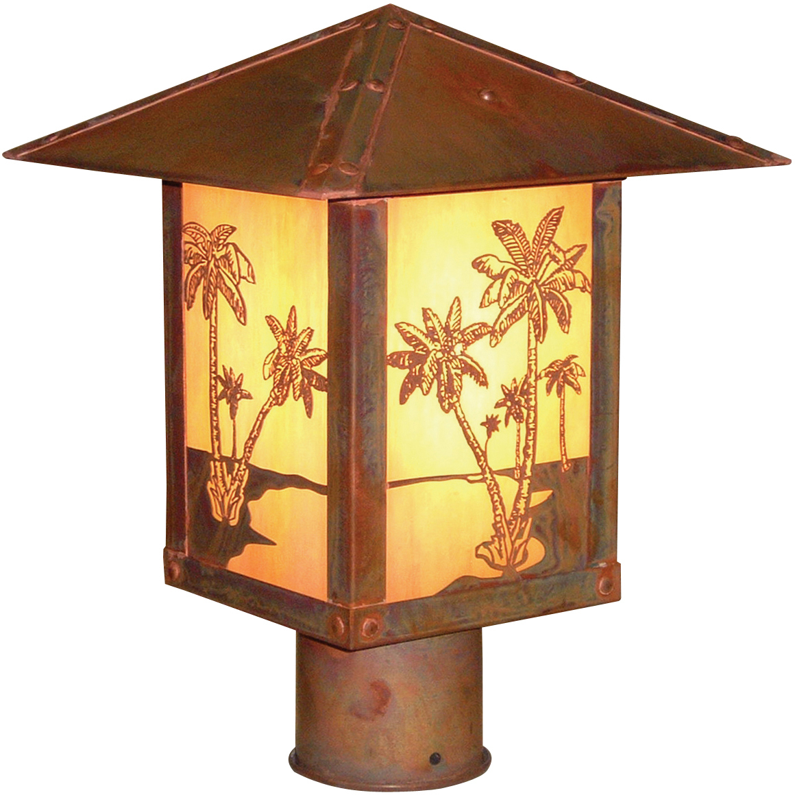 Timber Ridge 1 Light 15 inch Verdigris Patina Post Mount in White Opalescent, Trout Filigree