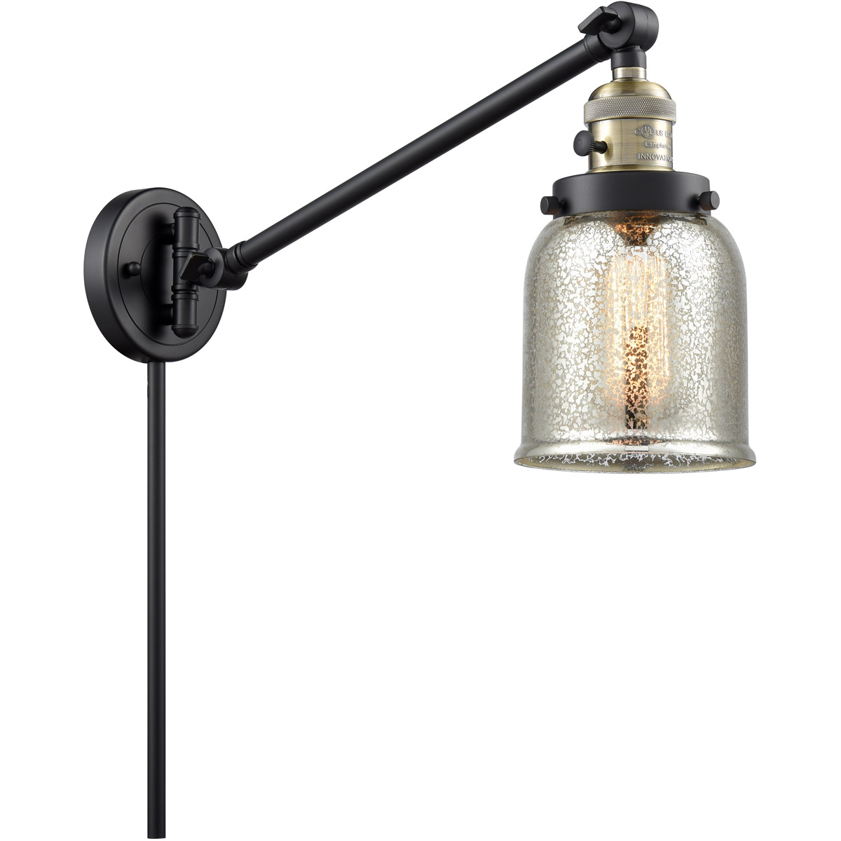 Small Bell 30 inch 60.00 watt Black Antique Brass Swing Arm Wall Light, Franklin Restoration