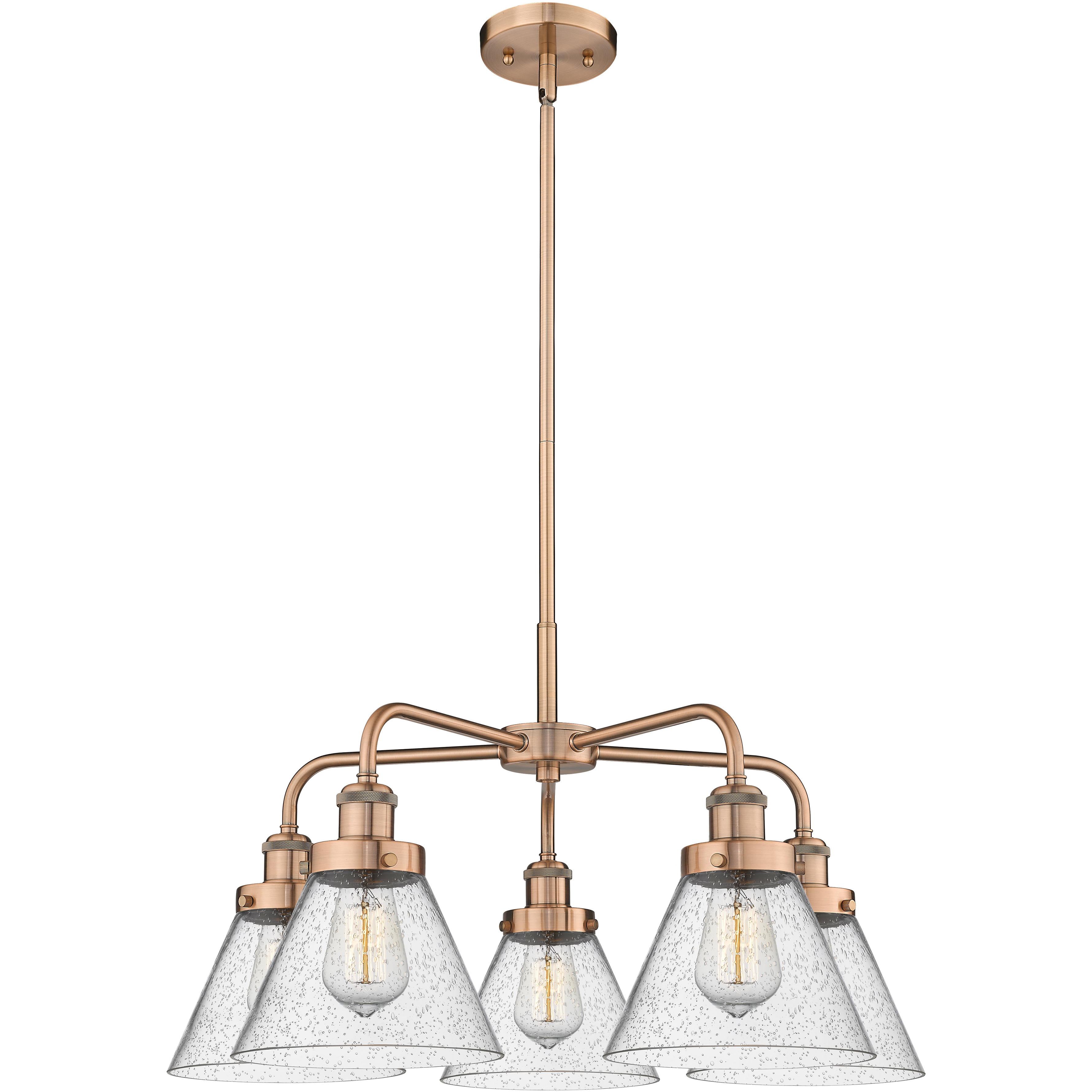 Cone 5 Light 25.75 inch Antique Copper Chandelier Ceiling Light in Seedy Glass