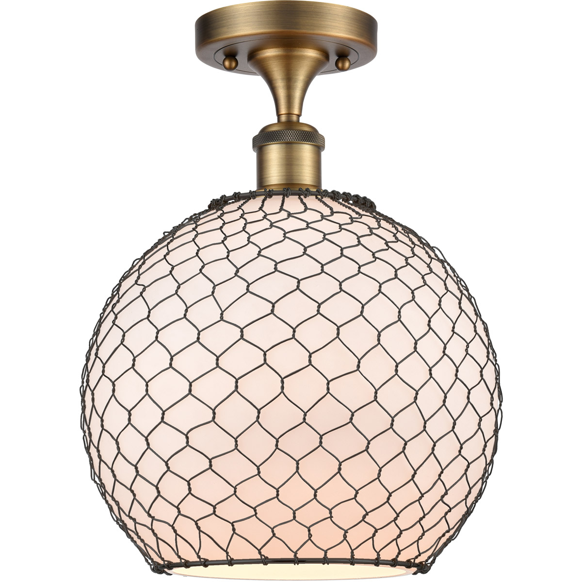 Ballston Large Farmhouse Chicken Wire LED 10 inch Brushed Brass Semi-Flush Mount Ceiling Light, Ballston