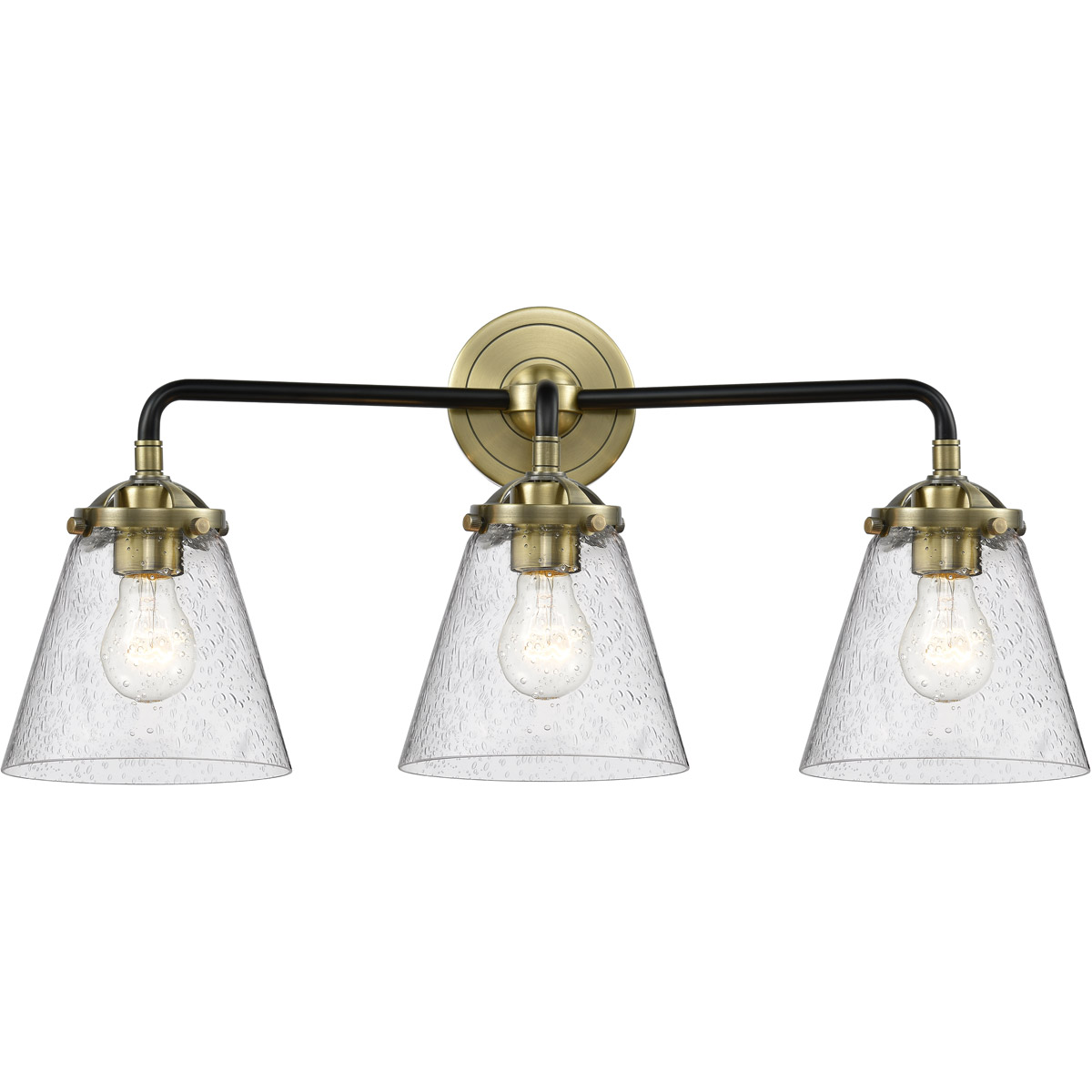 Nouveau Small Cone 3 Light 24 inch Black Antique Brass Bath Vanity Light Wall Light in Seedy Glass, Nouveau