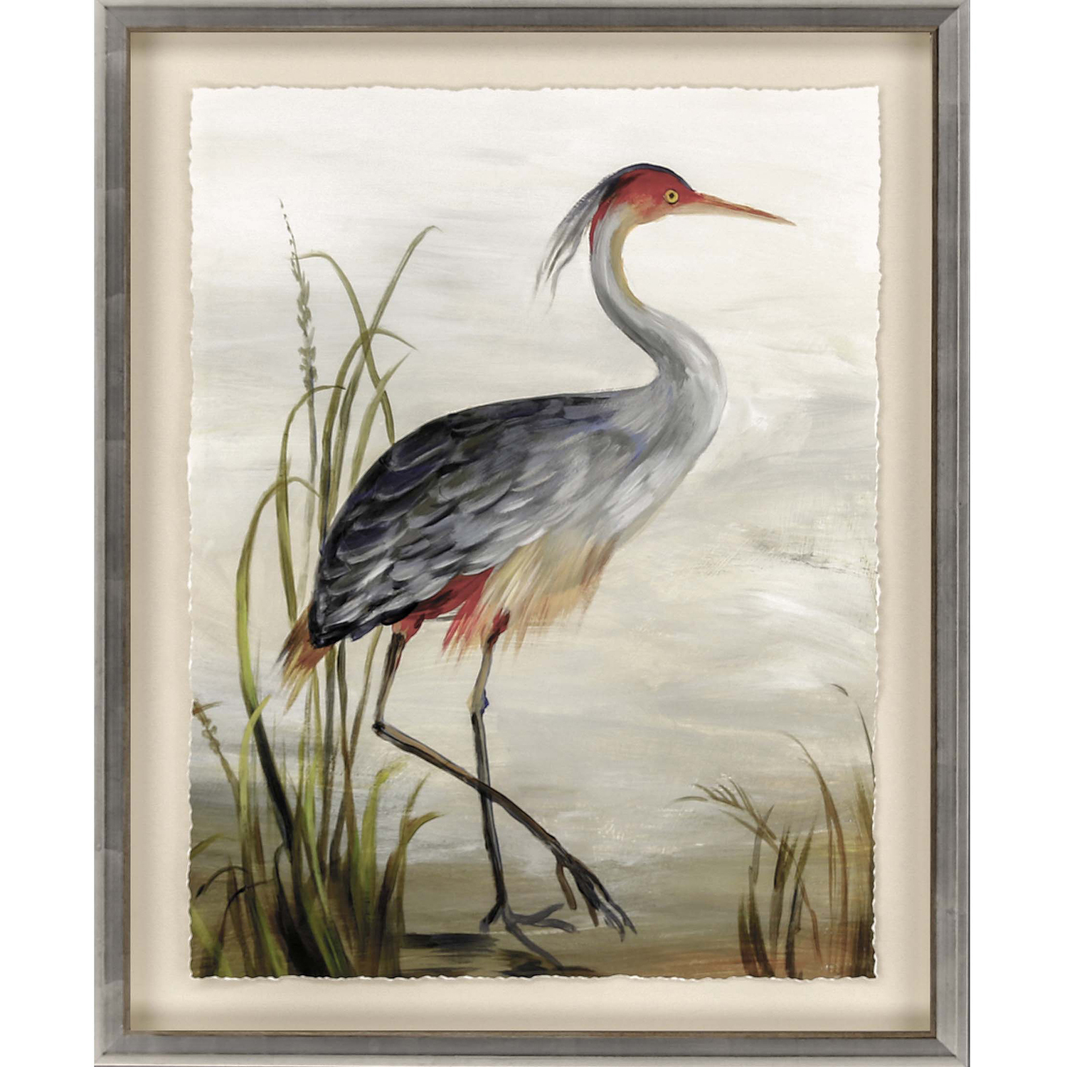 Heron Study 14220 Blue and Gray and Red and Green Framed Art