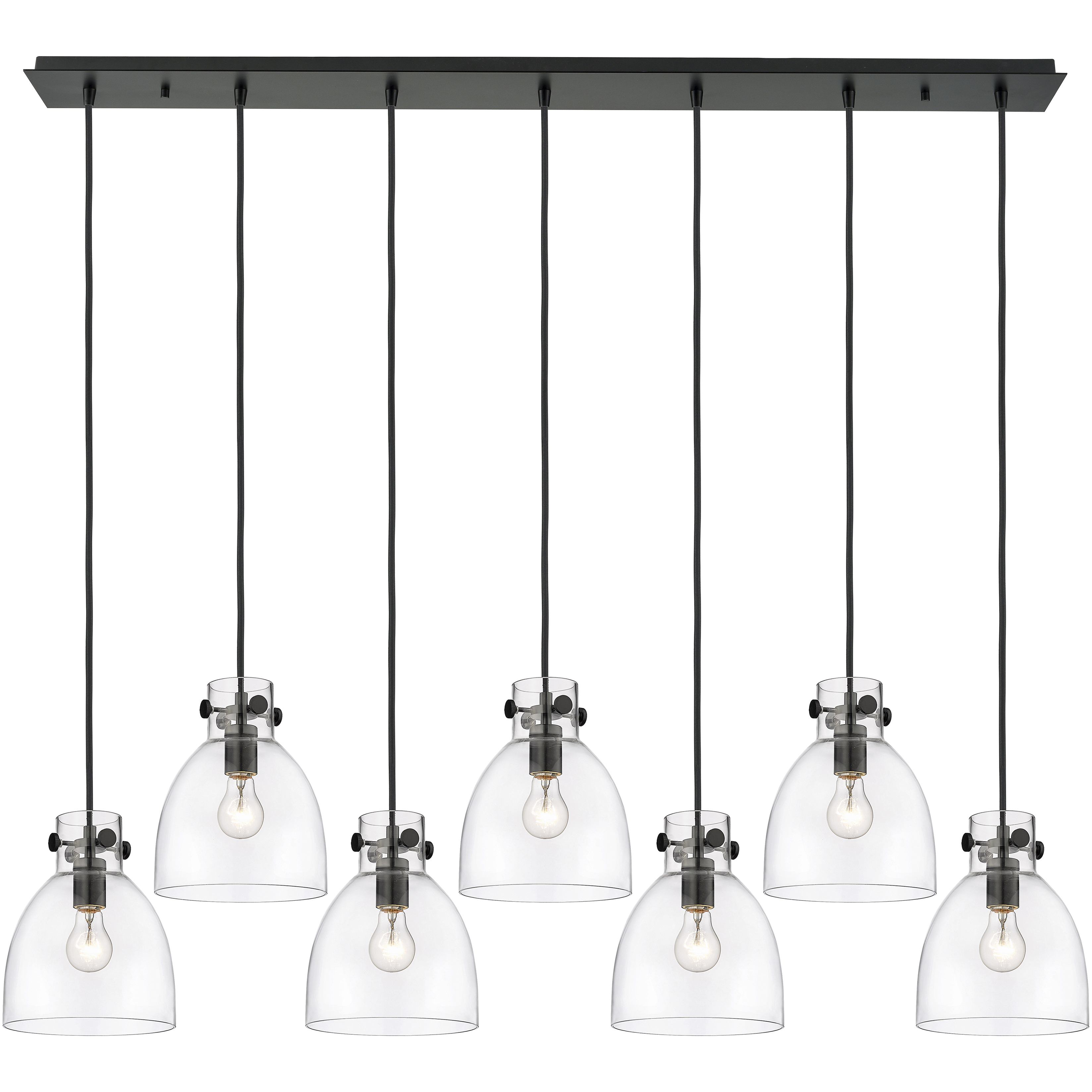 Newton Bell 7 Light 51.75 inch Matte Black Linear Pendant Ceiling Light in Clear Glass