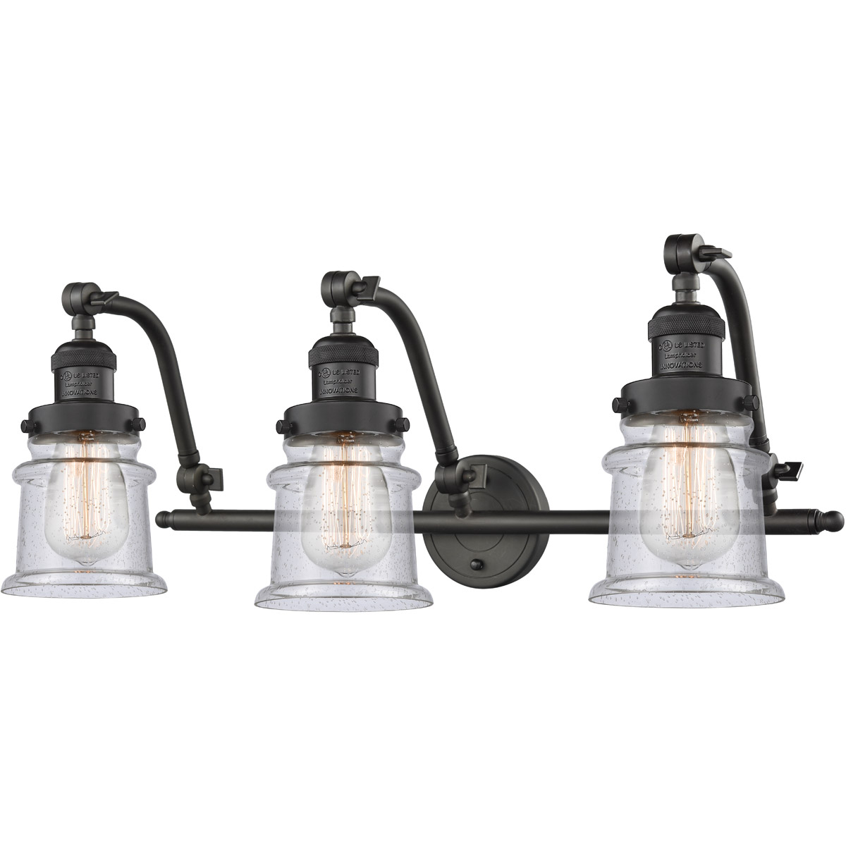 Franklin Restoration Small Canton 3 Light 28 inch Oil Rubbed Bronze Bath Vanity Light Wall Light in Seedy Glass, Franklin Restoration