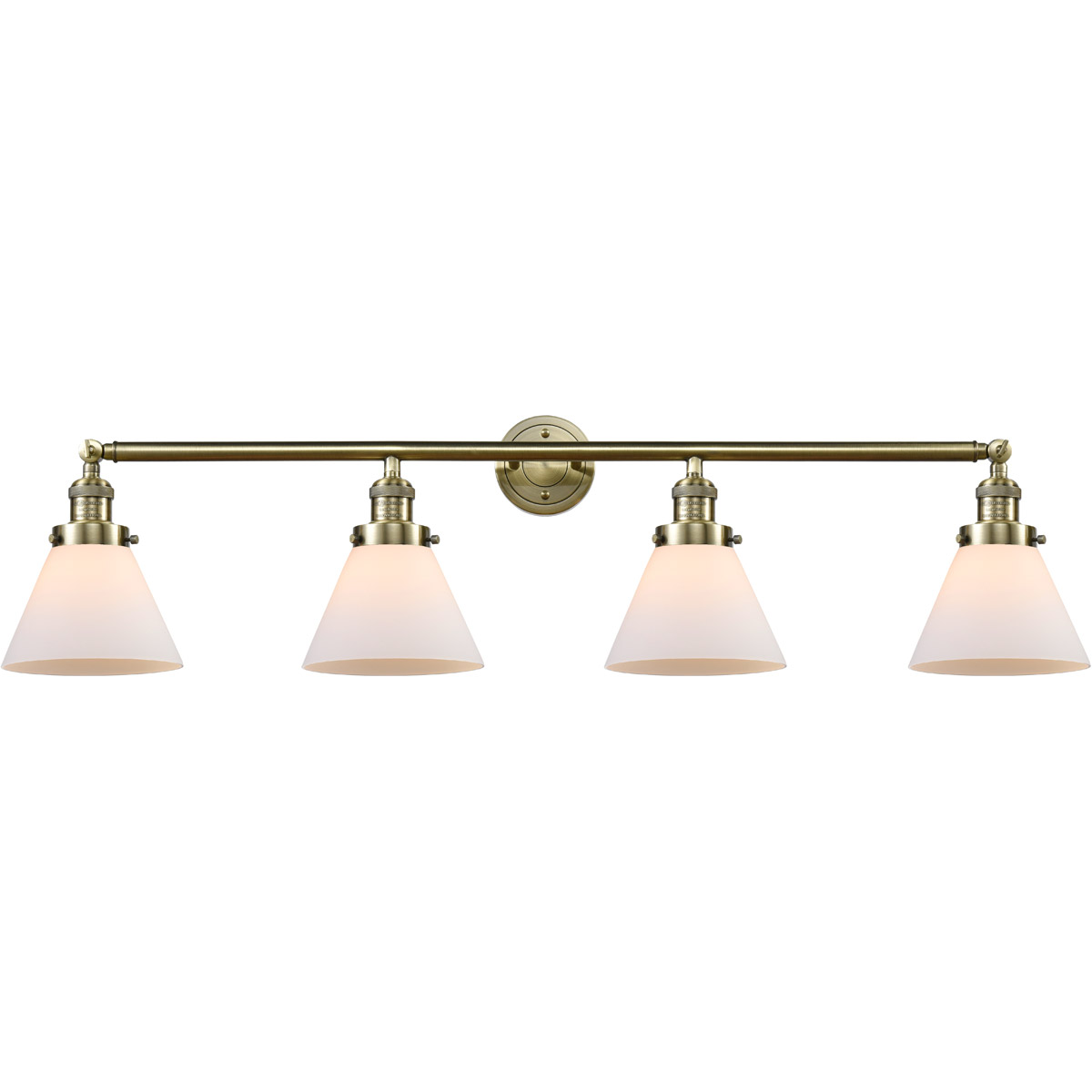 Franklin Restoration Large Cone 4 Light 44 inch Antique Brass Bath Vanity Light Wall Light in Incandescent, Matte White Glass, Franklin Restoration